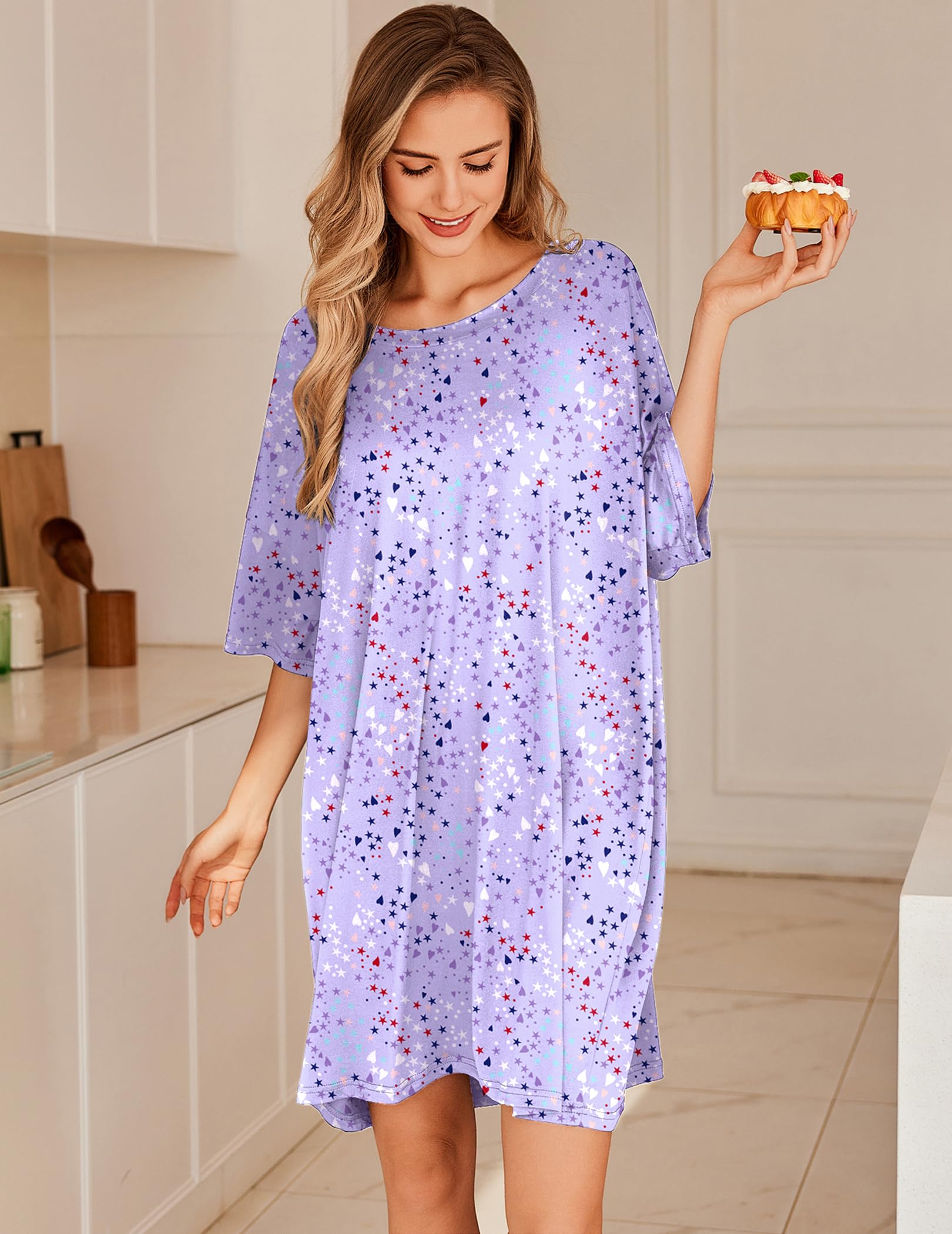 Ekouaer Women's Plus Size Nightgown - Oversized Sleep Shirt with Short Sleeves, Comfortable Nightshirt & T-Shirt Dress for Lounge & Sleepwear (Sizes S-XXXL) | Perfect for Relaxing at Home, Vacation & Maternity Comfort