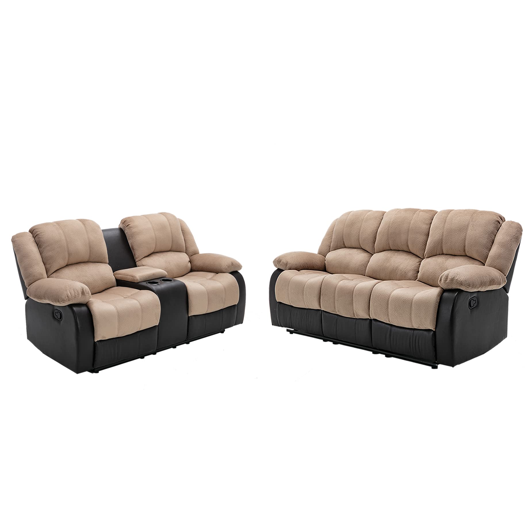 Nathaniel Home 2-Piece PU Leather Recliner Sofa Set with Cup Holders & Footrest - Comfortable Living Room Furniture for Family, Bedroom or Home Theater Seating - Beige - Perfect for Movie Nights, Gaming & Relaxation