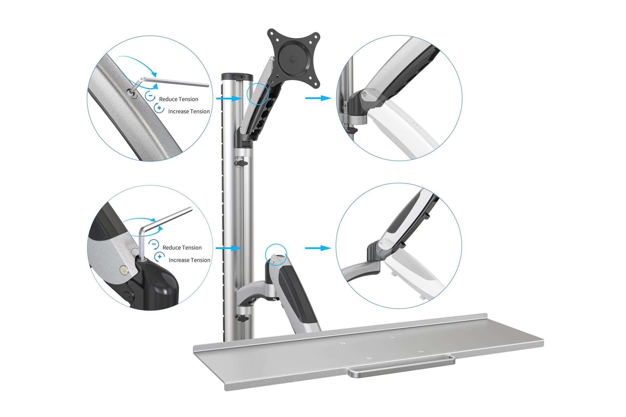 DIGITUS DA-90354 Adjustable Stand/Sit Workstation with Keyboard Shelf & Wall Mount - Dual Gas Spring Monitor Arm for 1 Screen up to 27