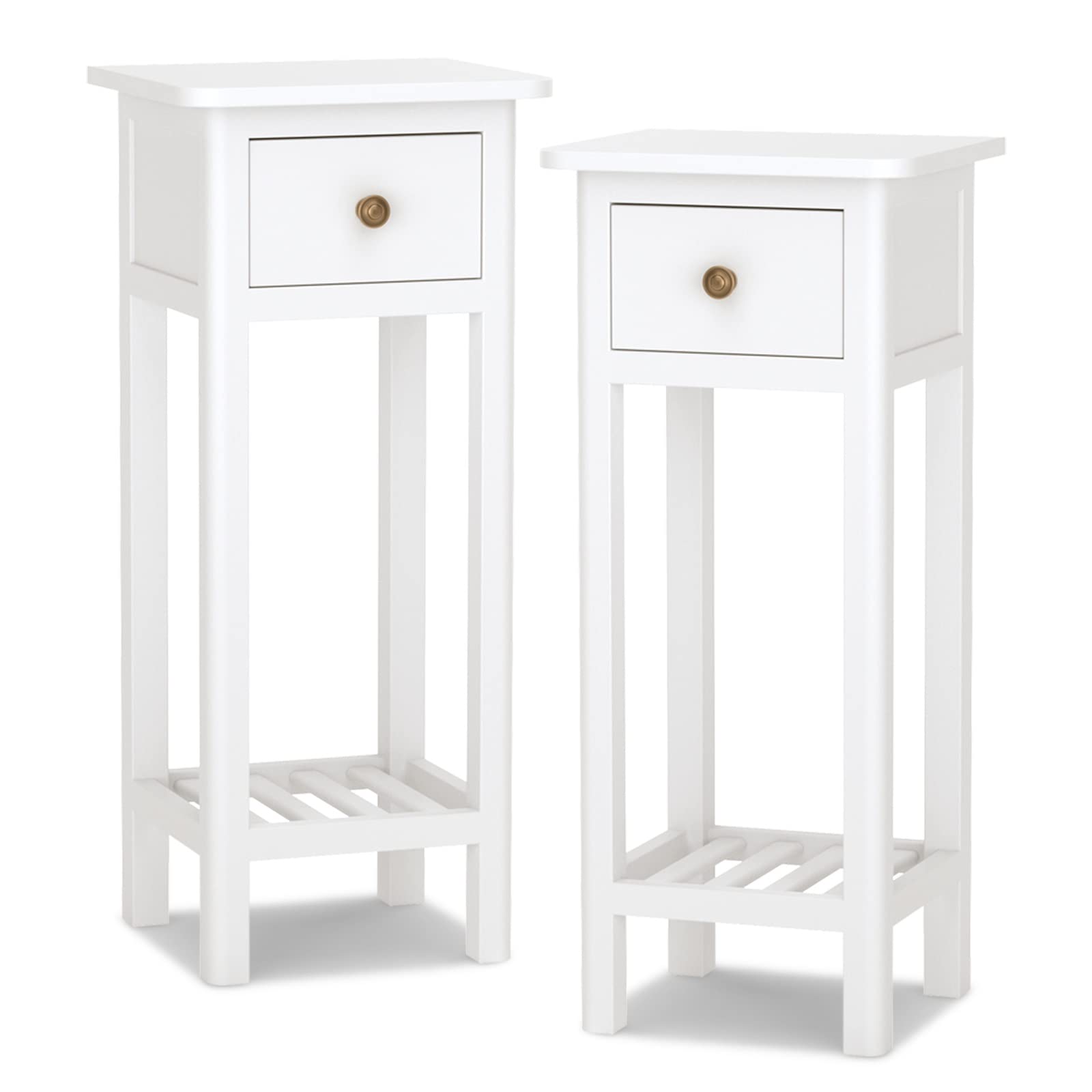 Giantex Small Side Table Set of 2 - Narrow End Table with Drawer & Shelf for Small Spaces, Wood Slim Sofa Side Table, Farmhouse Nightstand Bedside Table - No Assembly Required, White - Perfect for Living Room, Bedroom & Apartment Decor
