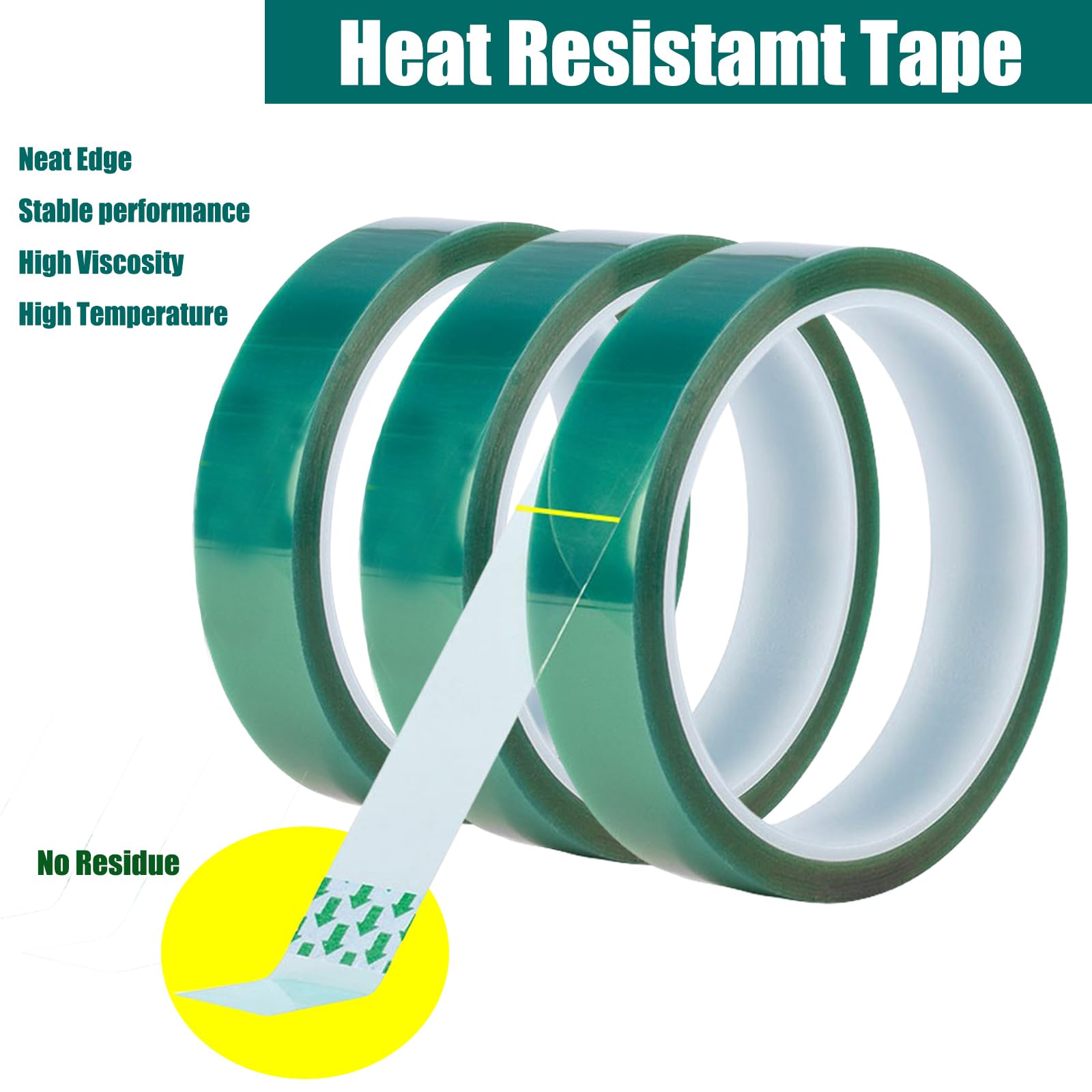 Heat Resistant Sublimation Tape - 3 Rolls 20mm x 33m (108ft) High Temperature Adhesive Tape for Heat Transfer, No Residue (Green) - Perfect for T-Shirt Printing, Mug Press & DIY Craft Projects