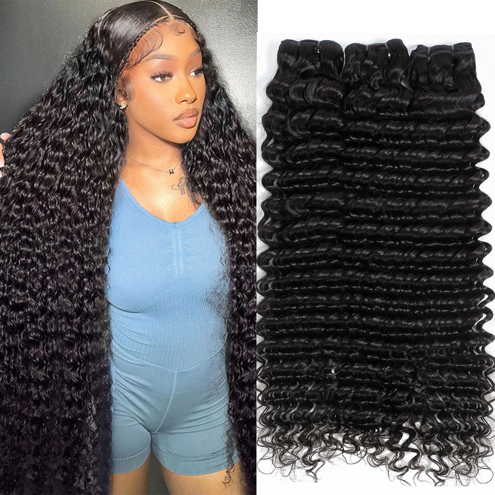 12A Deep Wave Human Hair Bundles 30 30 30 Inches - 100% Unprocessed Indian Virgin Hair for Wet & Wavy Weave - 3 Bundles Deal (Natural Color) - Perfect for Salon Styling, Everyday Wear & Special Occasions