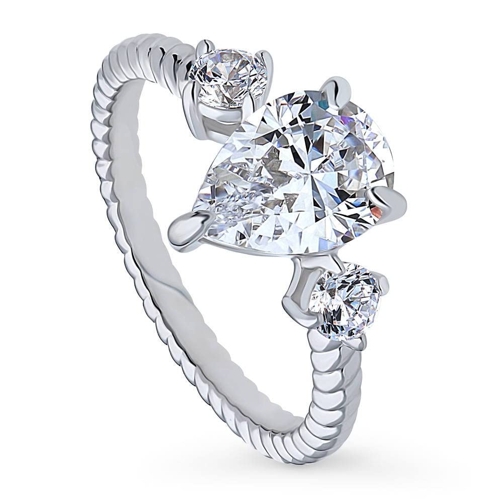 BERRICLE Sterling Silver 3-Stone Pear Cut Cubic Zirconia Engagement Ring for Women, 1.8 Carat CZ Wedding Band, Rhodium Plated, Size 4-10 - Perfect for Proposals, Anniversaries & Bridal Jewelry