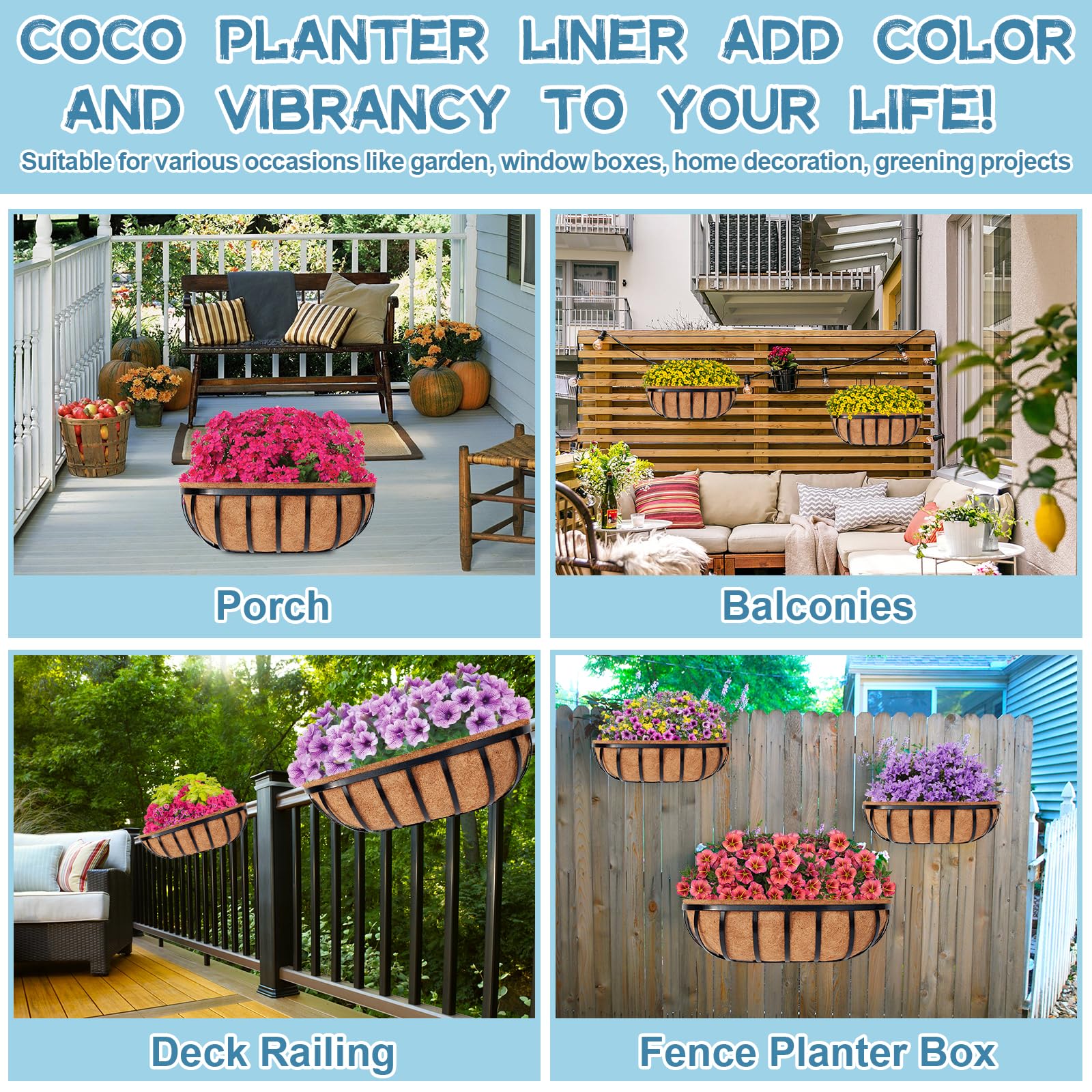 Riare 2 Pack 48 Inch Trough Coco Coir Liners for Planters - Natural Coconut Fiber Replacement Liners for Window Box, Wall Planter & Deck Railing Planters | Eco-Friendly, Pre-Formed & Durable for Indoor/Outdoor Gardening