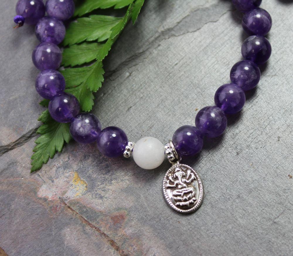 Amethyst Ganesh Wrist Mala Bracelet - Spiritual Meditation Beads for Yoga, Prayer & Positive Energy - Handmade Gemstone Jewelry for Mindfulness & Stress Relief