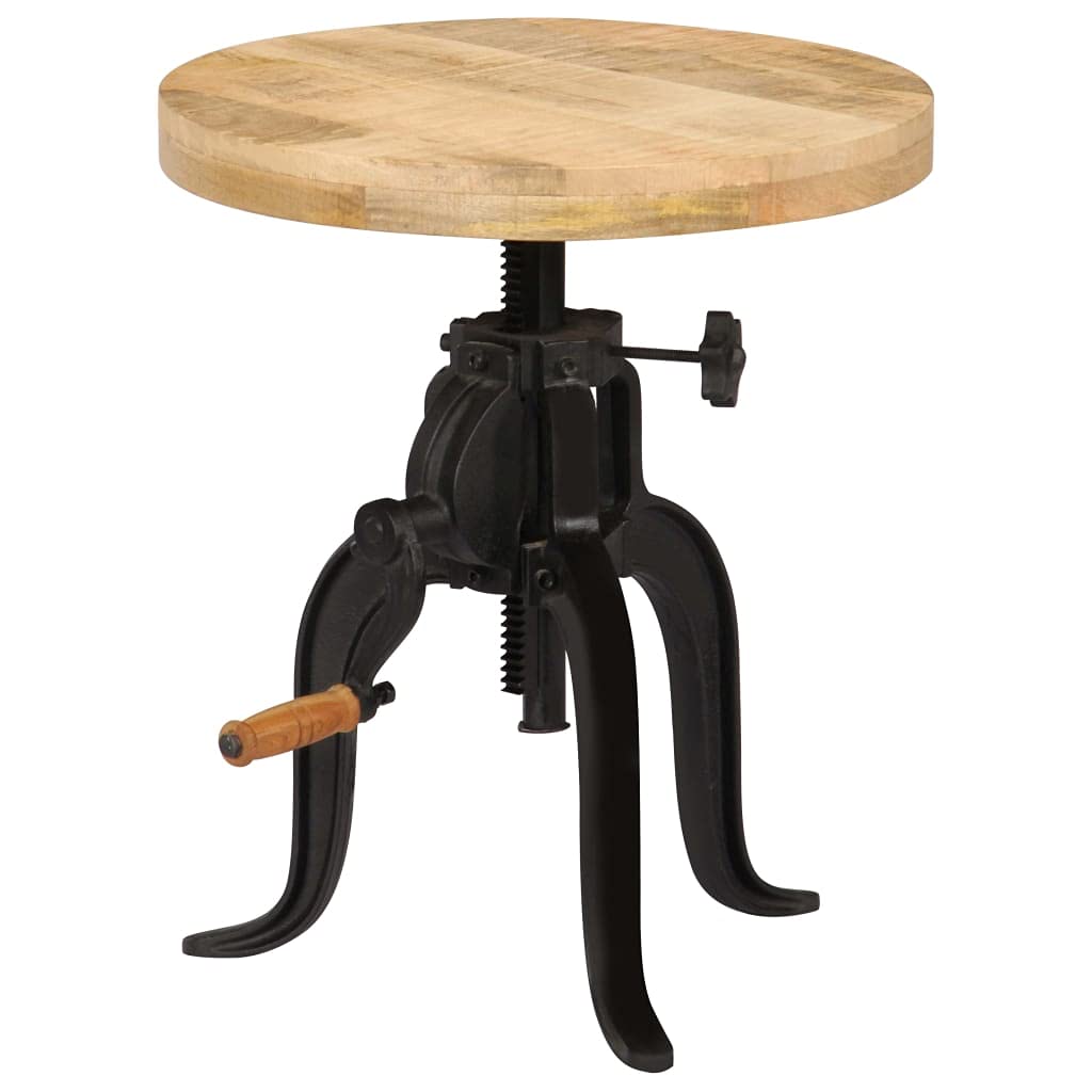 Adjustable Round Wooden Side Table with Cast Iron Legs - Industrial Style Coffee Table Made of Solid Mango Wood in Brown | Perfect for Living Room, Bedroom, or Office Use