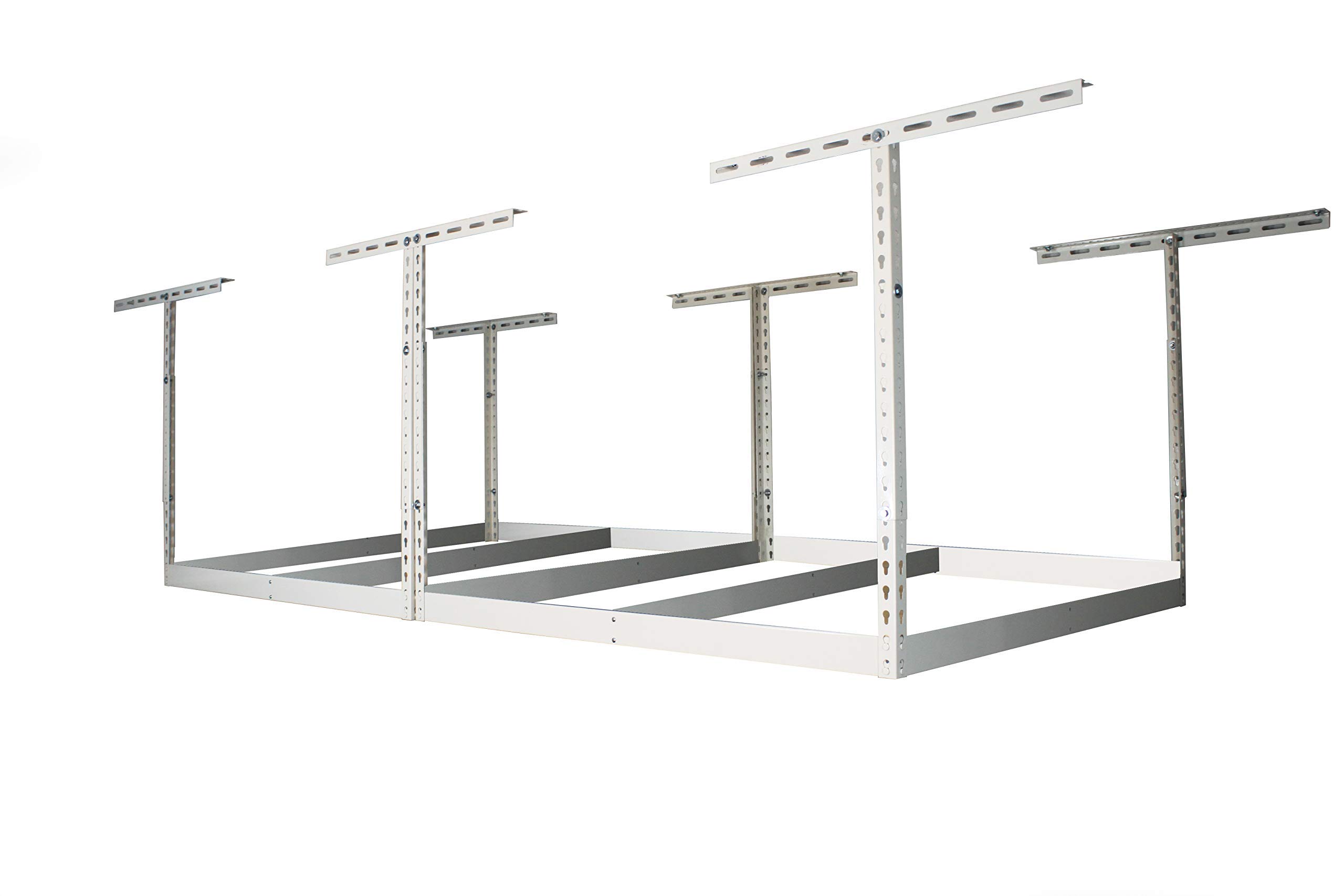 MonsterRax 4x8 Overhead Storage Rack Frame Kit - Heavy Duty Ceiling Mounted Garage Shelving System, Hanging Storage Shelves for Garage Organization (White, 12-21 Inch) - Perfect for Storing Seasonal Items, Sports Equipment & Home Supplies