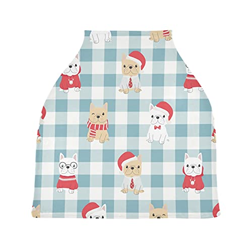 WELLDAY Baby Car Seat Cover - Christmas Buffalo Plaid Bulldog Design, Stretchy Nursing Scarf & Breathable Infant Canopy - Multi-Use for Stroller, High Chair & Shopping Cart - Perfect for Boys & Girls (Ideal for Travel, Nursing & Outdoor Activities)