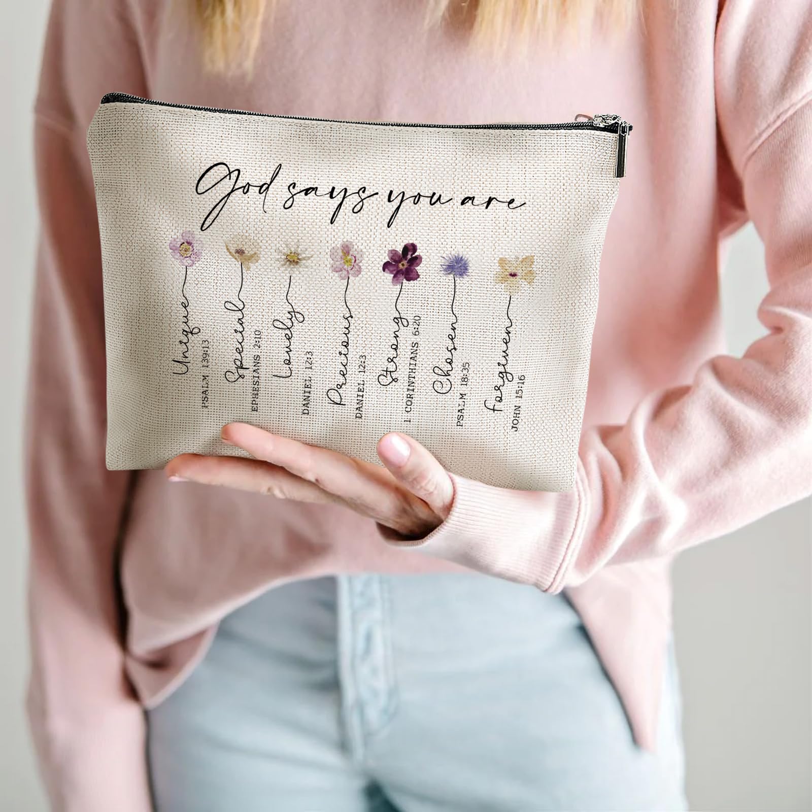 Christian Inspirational Bible Verse Makeup Bag for Women - Floral Religious Cosmetic Case with God Says You Are Quote - Perfect Sister & Friend Gift, Christian Affirmations Present, Birthday Gift Idea for Church, Bible Study & Daily Encouragement