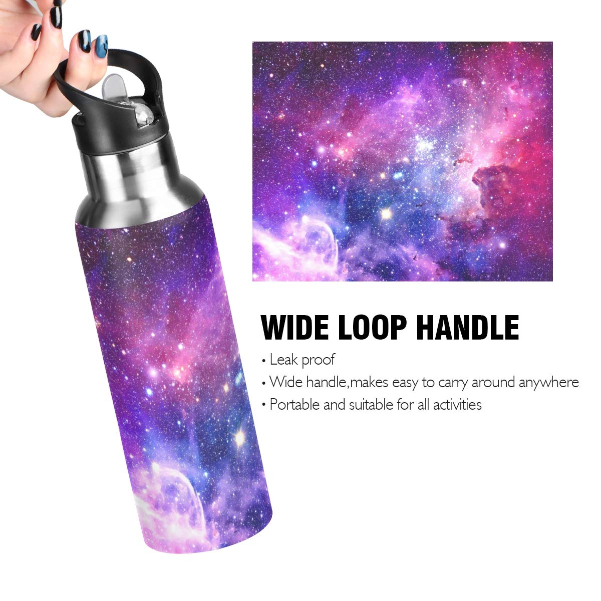 Purple Galaxy Stainless Steel Water Bottle 20 oz - Double Wall Vacuum Insulated, Leak-Proof with Straw Lid - Perfect for Gym, Hiking & Outdoor Activities
