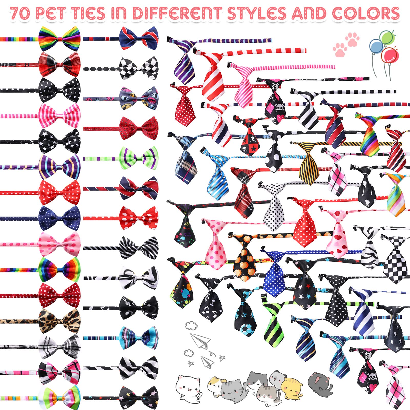 70-Piece Adjustable Dog Bow Ties & Neck Ties Set - 40 Pet Bow Ties & 30 Neckties for Dogs & Cats - Fashionable Grooming Accessories for Large Pets - Perfect for Daily Wear, Holidays, Parties & Special Occasions