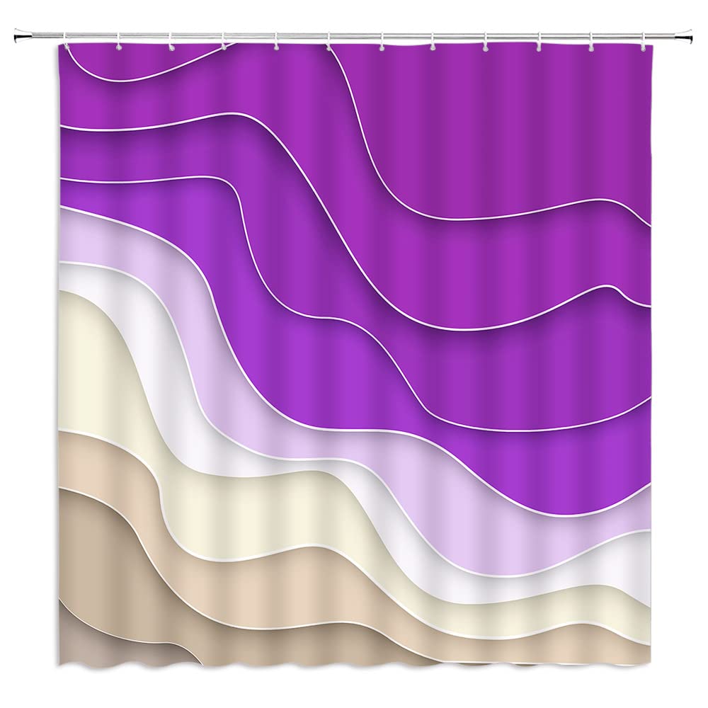 CHui DECOR Purple Shower Curtain - Modern Geometric Ombre Wave Stripes Abstract Ocean Design - Minimalist Aesthetic Polyester Fabric Bathroom Curtain with Hooks - Perfect for Beach Theme Bathrooms & Coastal Home Decor
