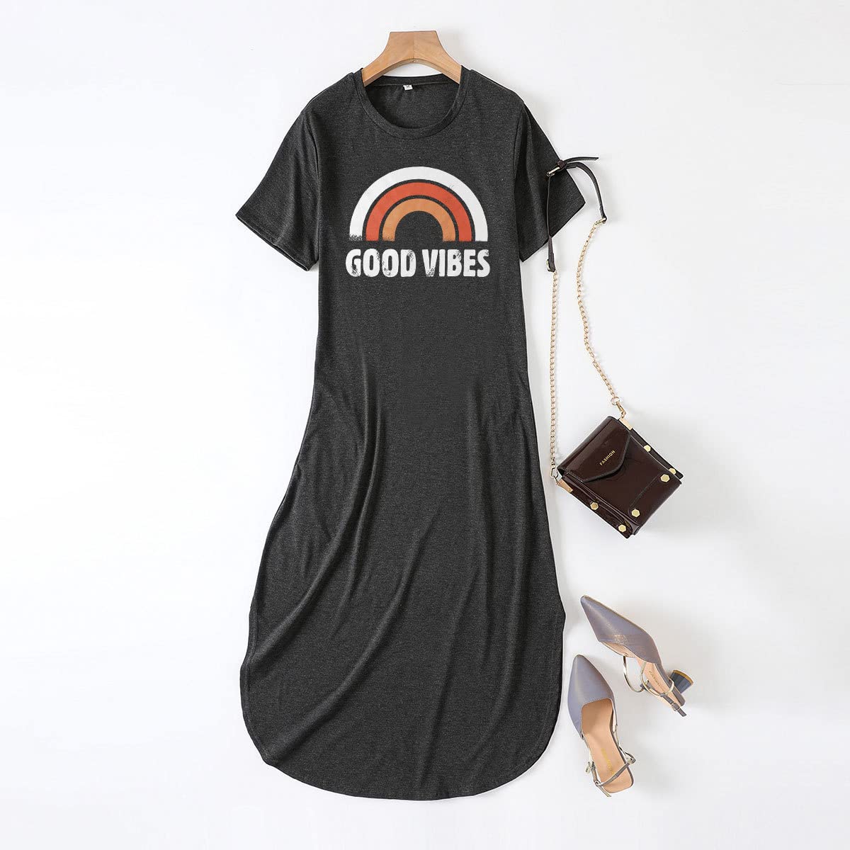 Good Vibes Rainbow Graphic Women's Sleeveless Maxi Dress with Pockets - Hawaiian Beach Tank Dress for Summer Vacations & Tropical Getaways