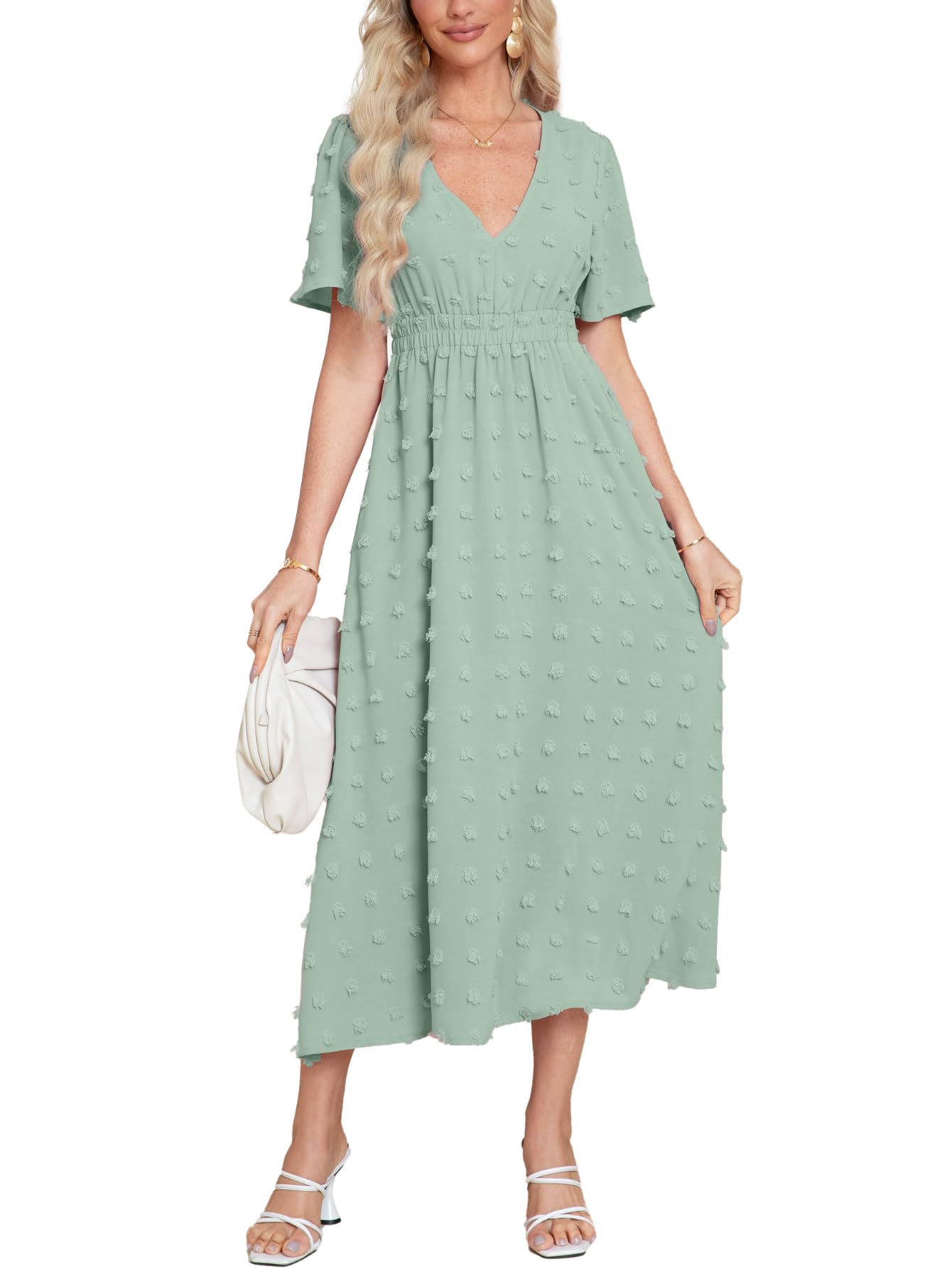 Boho Maxi Dress for Women - Summer Wedding Guest Dress with Short Sleeves & V-Neck - Swiss Dot Flowy Dress for Beach, Party, and Casual Outings