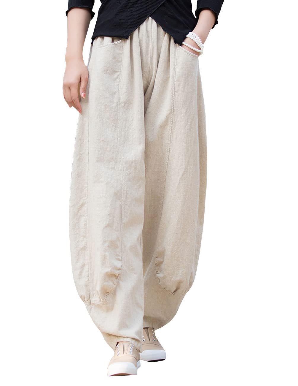 Safeeye Women's Loose Linen Pants - Casual Wide Leg Drawstring Straight Fit Trousers | Breathable Summer Pants for Beach, Yoga & Lounge Wear