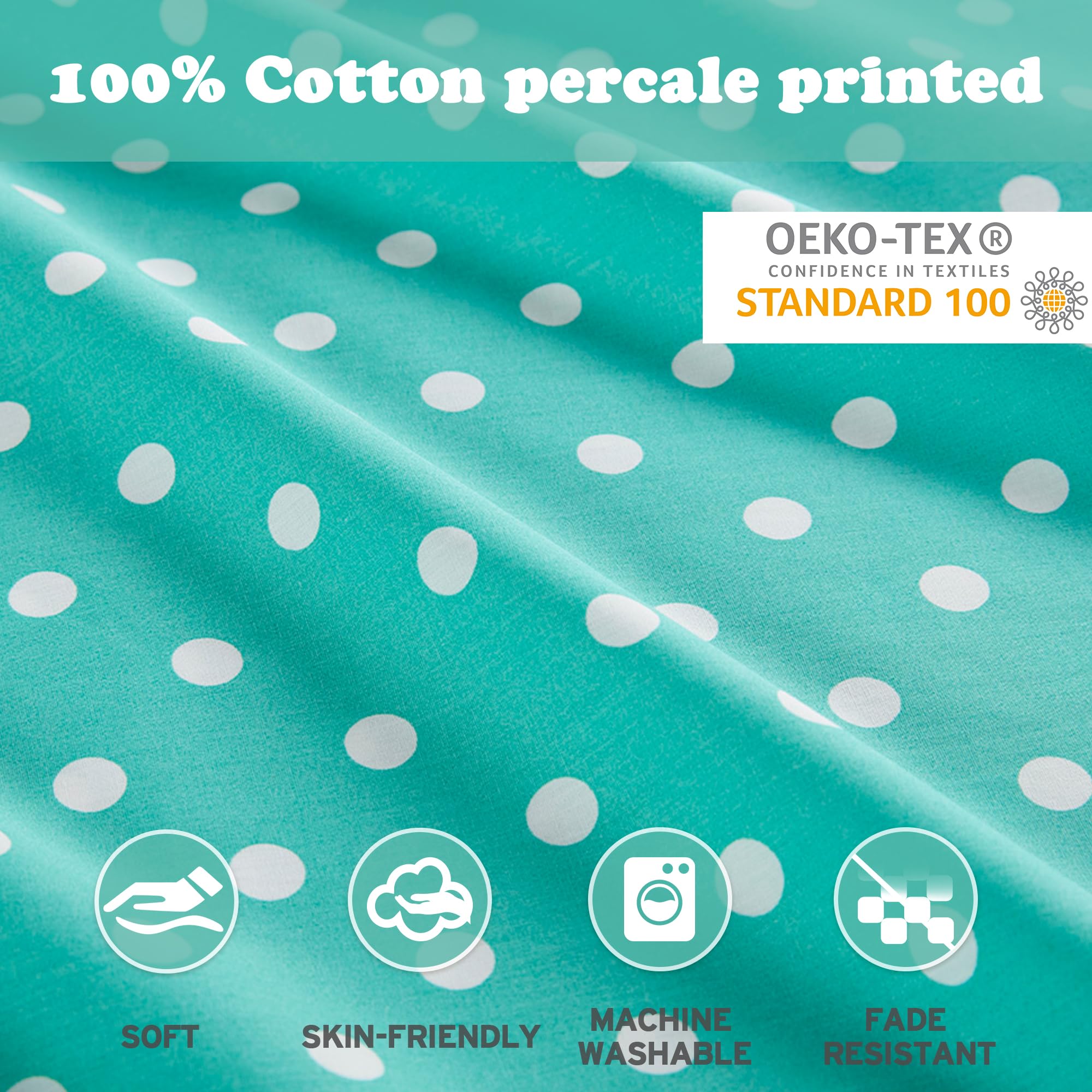 Mi Zone Seafoam Twin Size Sheet Set - 100% Cotton Percale Soft Bedding for Kids & Girls, Polka Dot Design - Includes Flat Sheet, Fitted Sheet (Fits 14