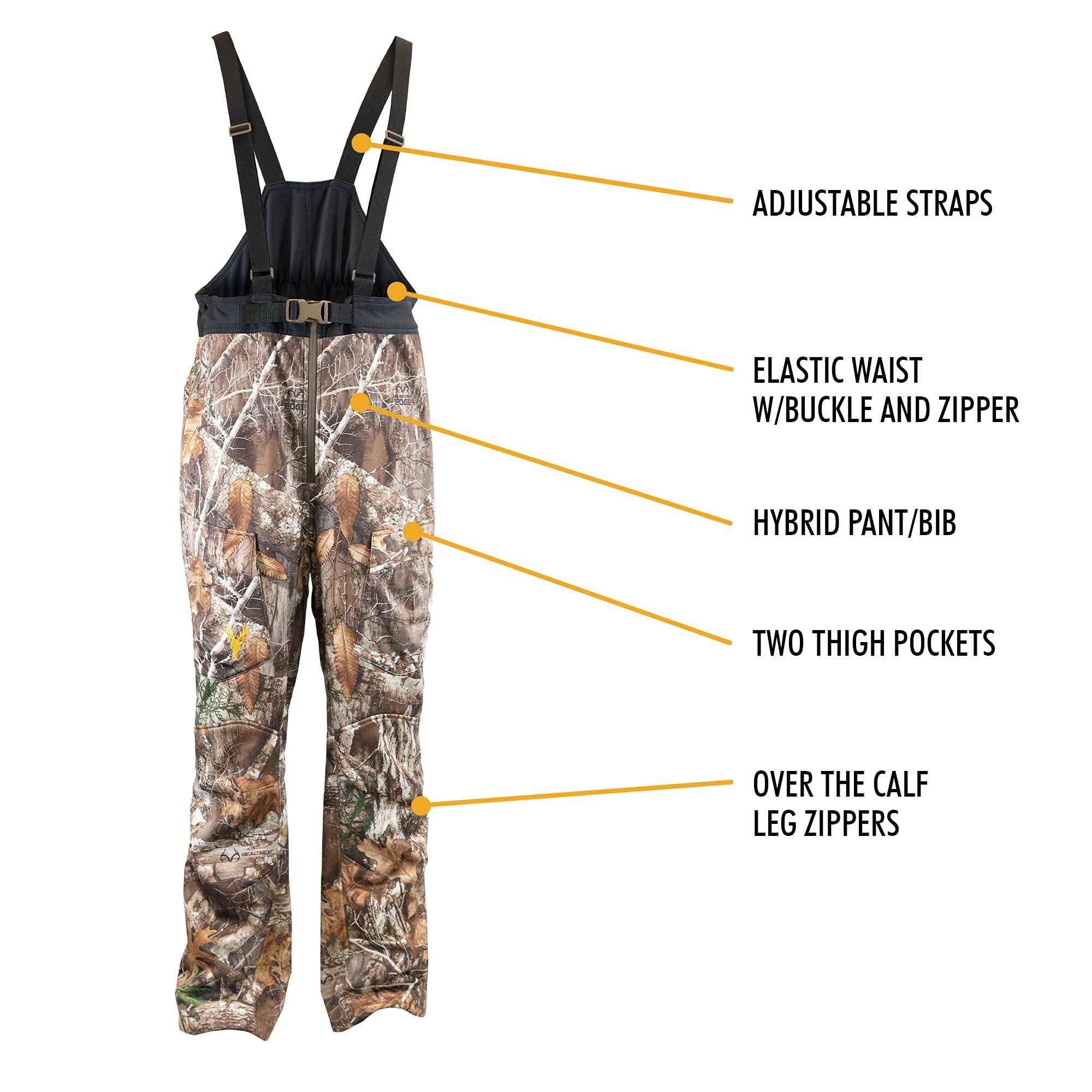 HOT SHOT Men’s Camo Softshell Hunting Bib - Adjustable Stretch Midweight Water Resistant Windproof Fleece Lined Coveralls for Cold Weather Hunting & Outdoor Activities