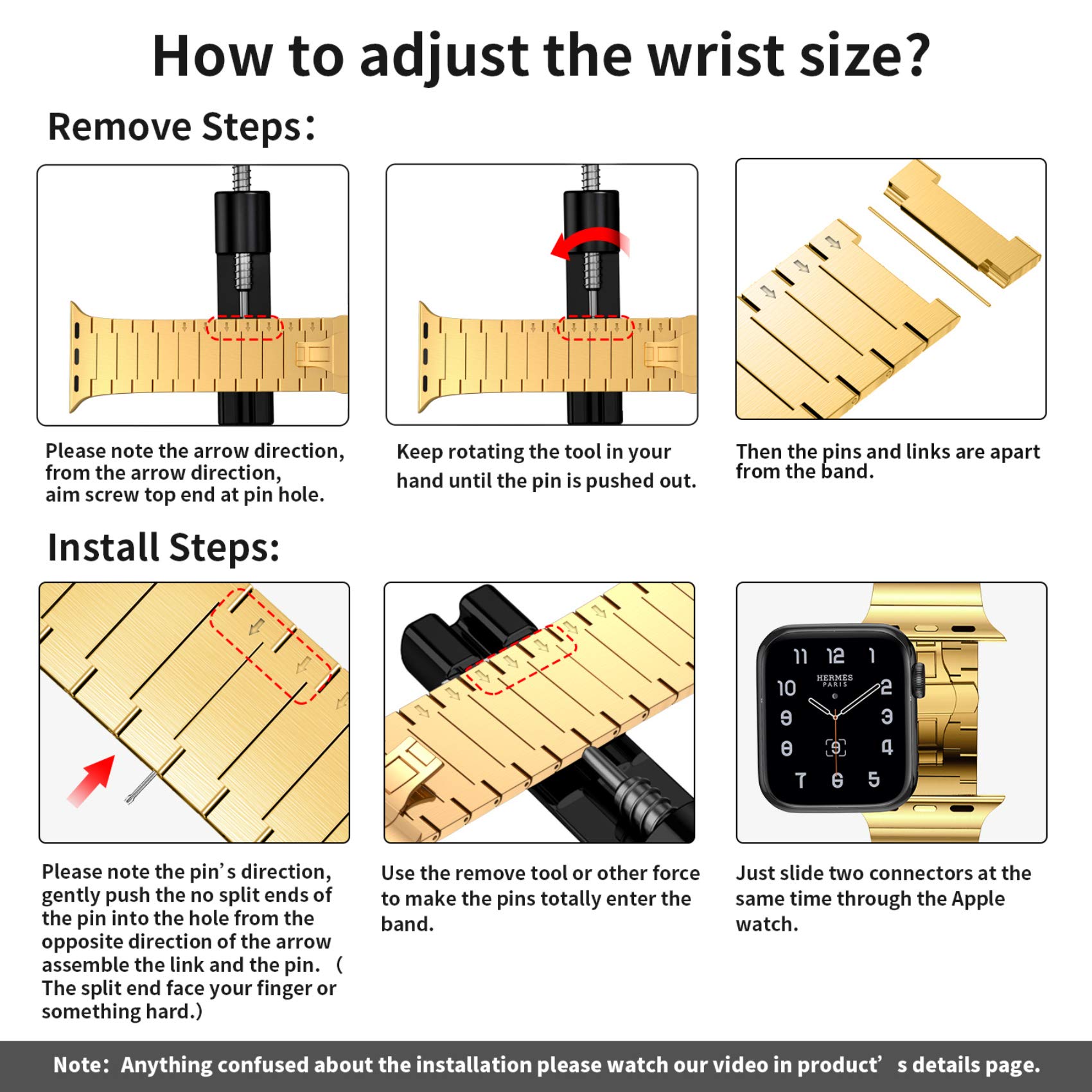Fitlink Upgraded Stainless Steel Metal Watch Band for Apple Watch Series 6/SE/5/4/3/2/1 - Gold, Compatible with 38mm 40mm Bands, Perfect for Workouts, Office & Everyday Wear