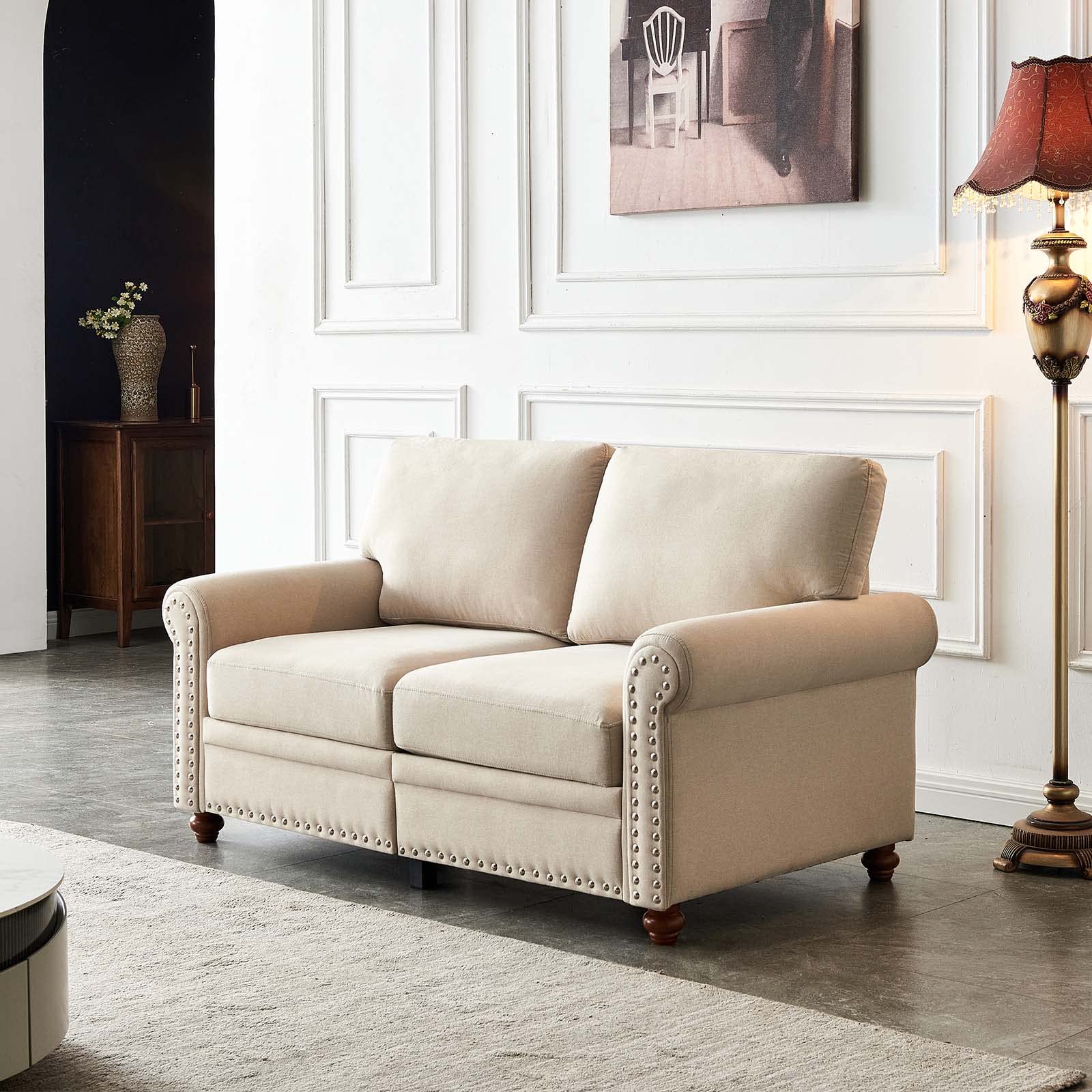 Modern Loveseat Sofa for Living Room - Upholstered Linen Fabric 2-Seat Couch with Scrolled Arms & Solid Wood Legs - Beige Sofa for Bedroom, Office & Small Spaces - Perfect for Apartments, Reading Nooks & Cozy Corners