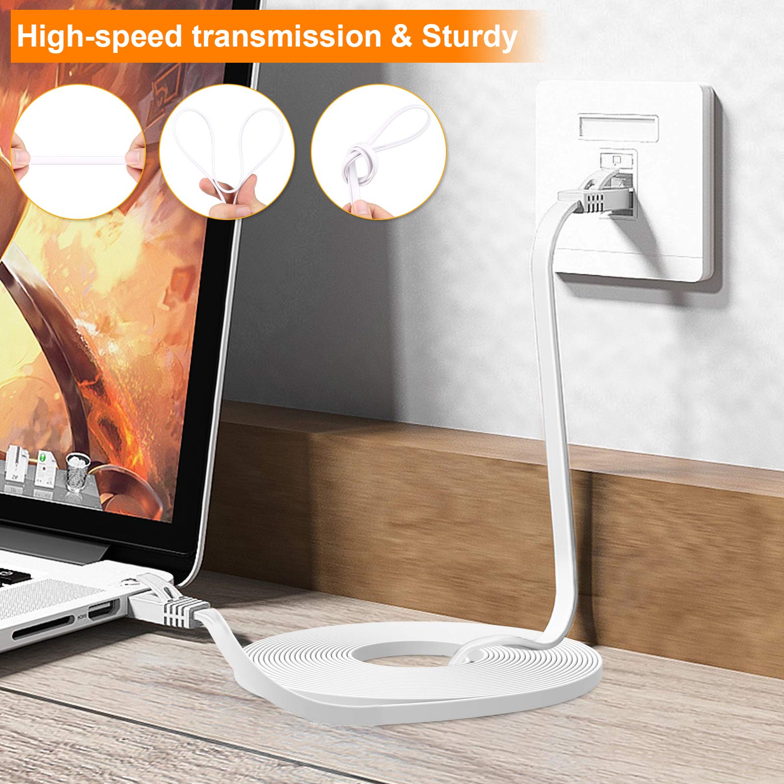 100 ft Cat 6 Ethernet Cable - High Speed Flat Slim White Network Cable with RJ45 Connectors & Clips for Router, Modem, Gaming PC - Indoor & Outdoor Use - Perfect for Home Office, Online Gaming, and Streaming
