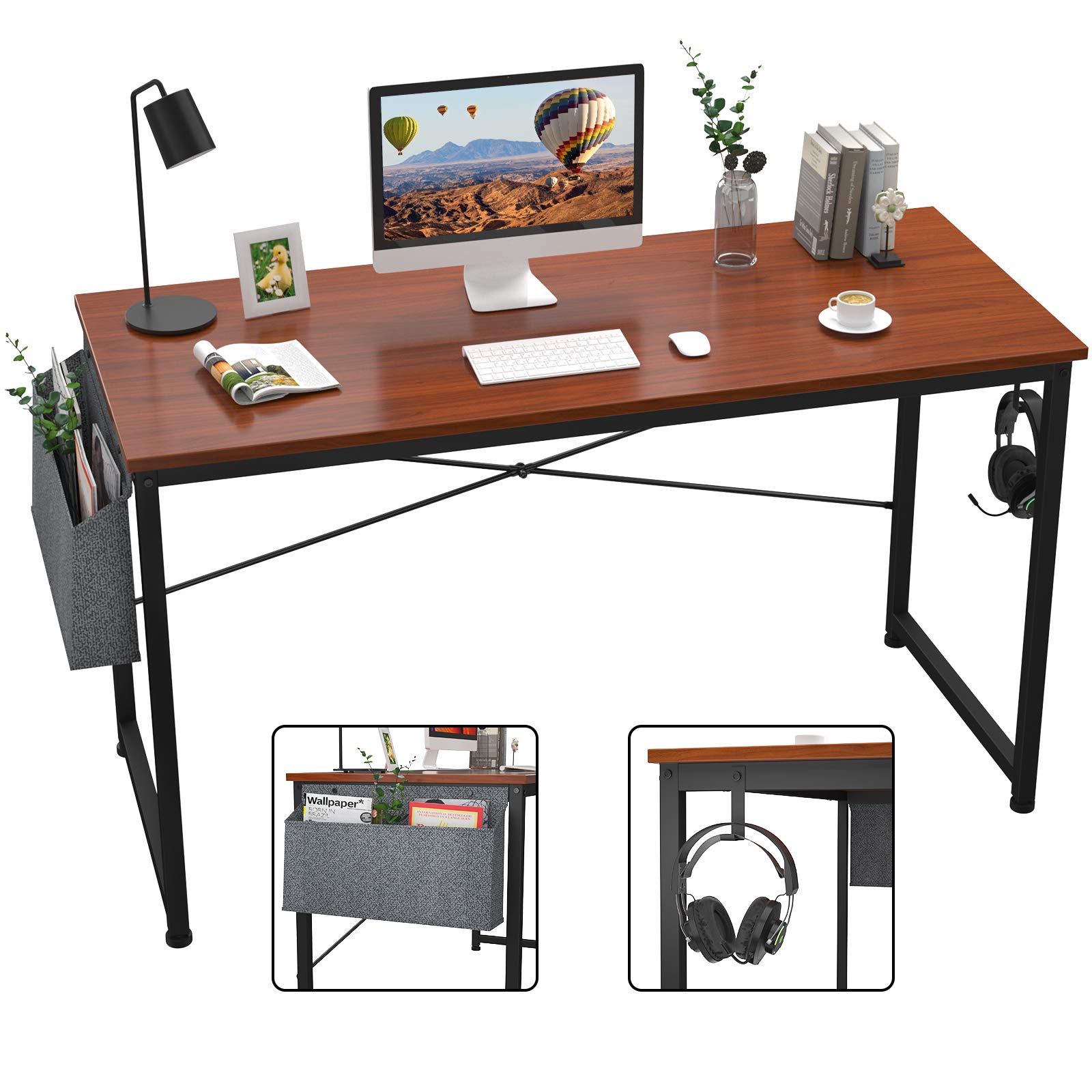 HomVent 47 Inch Modern Computer Desk - Home Office Writing Study Table with Storage Bag, Waterproof & Durable Teak Finish - Perfect for Small Spaces, Remote Work & Online Learning