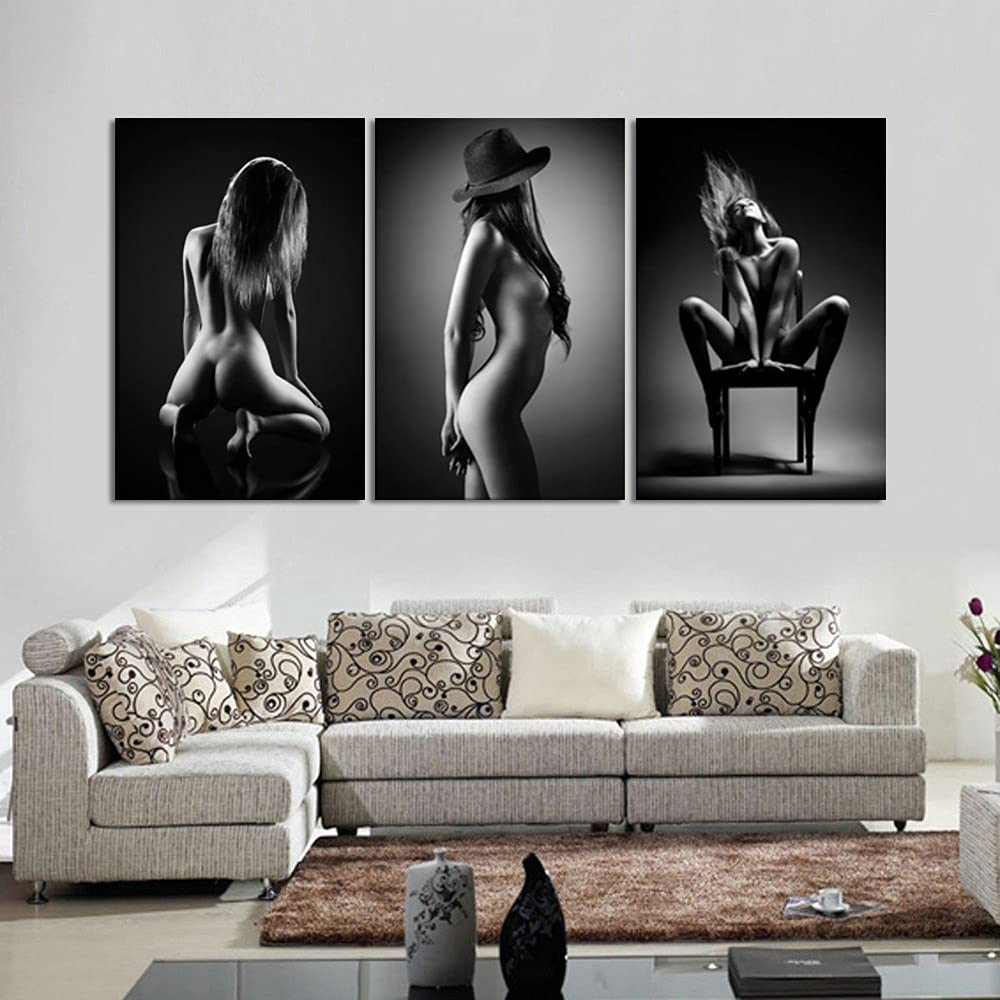 Modern Abstract Nude Woman Canvas Wall Art Set - 3 Piece Black & White Framed Prints (24