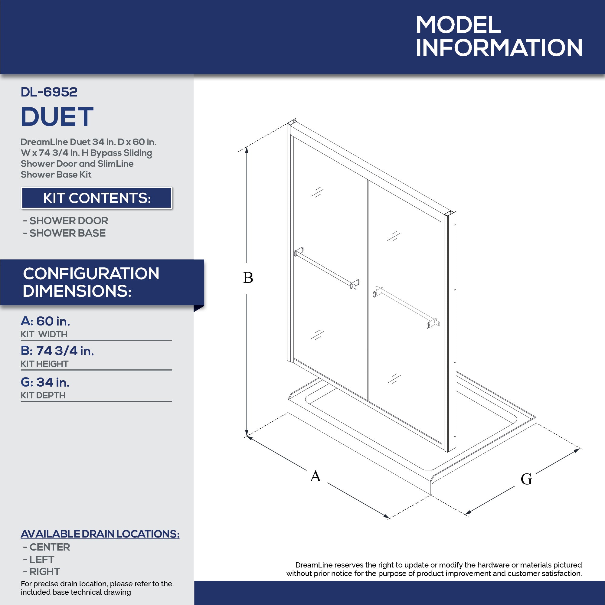 DreamLine Duet 34x60x74.75 Inch Semi-Frameless Bypass Shower Door - Brushed Nickel Finish with Left Drain White Base | Perfect for Modern Bathroom Renovations & Space-Saving Designs