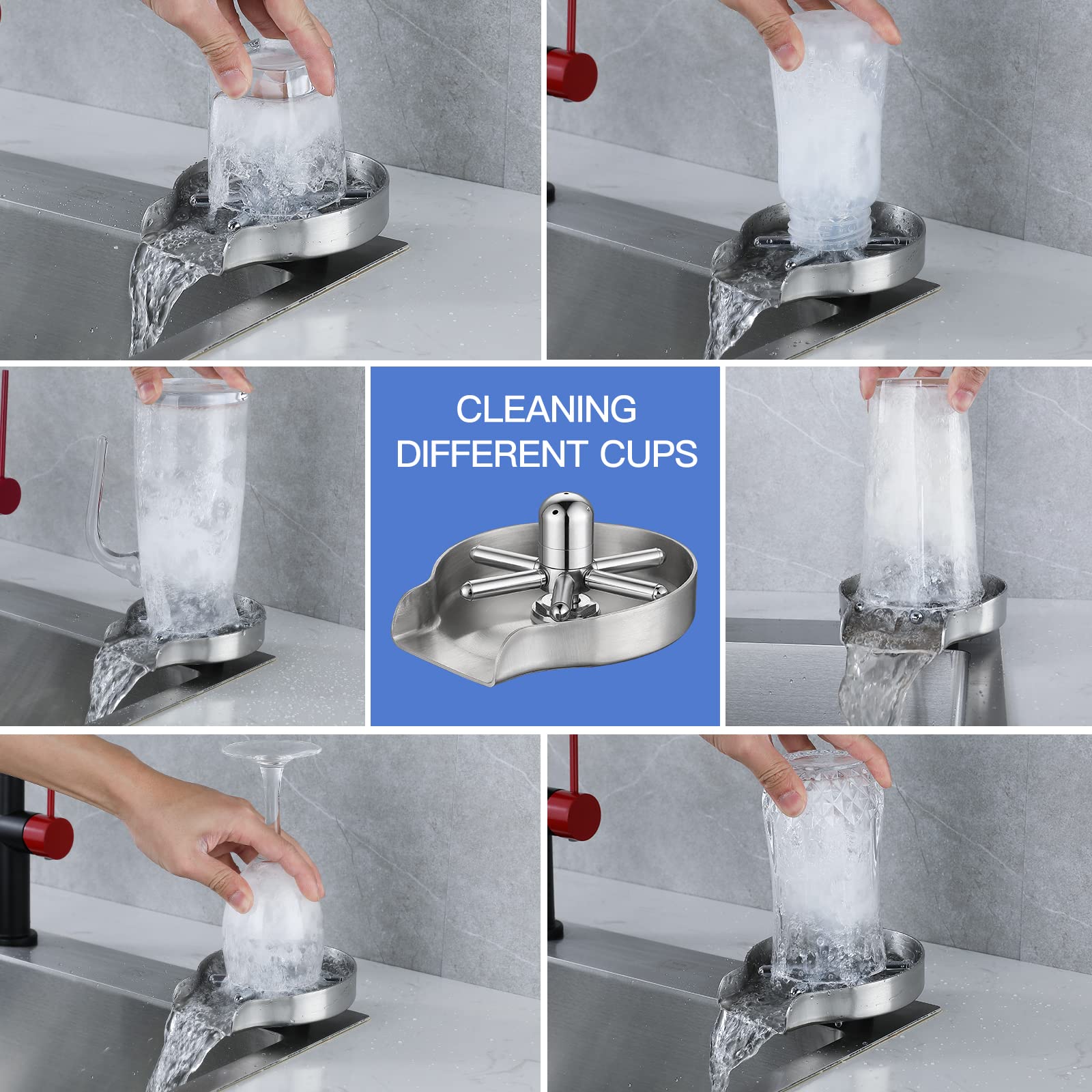 Stainless Steel Glass Rinser for Kitchen Sinks - SUS304 Beer & Wine Glass Cleaner, Rotary Bottle Washer Faucet Accessory (Brush Nickel, Large) - Perfect for Home Bars, Restaurants & Dishwashing Stations