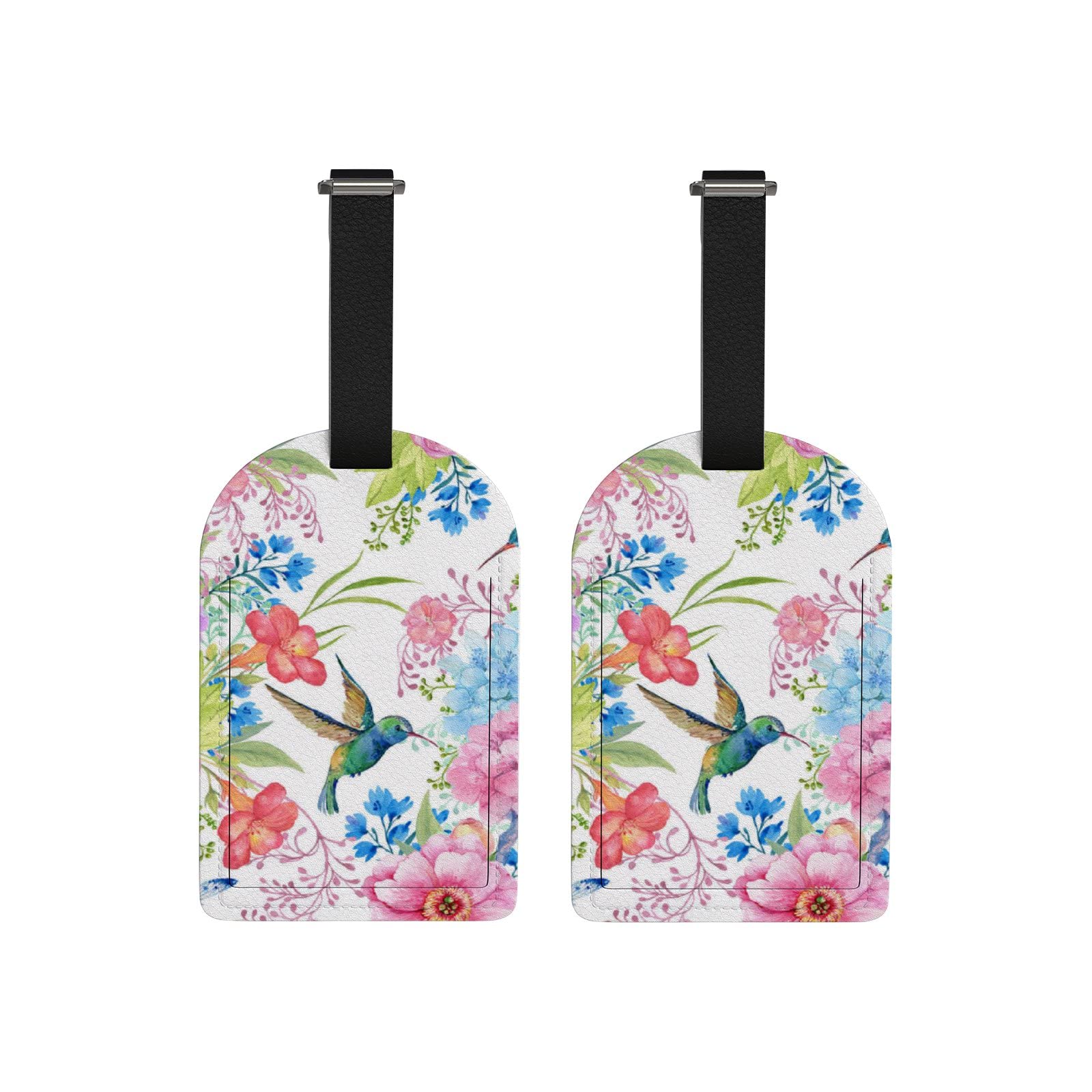 Hummingbird & Floral Leather Luggage Tags - 2 Pack Privacy ID Card Travel Suitcase Labels for Women & Men | Perfect for Airports, Cruise Vacations & Business Trips