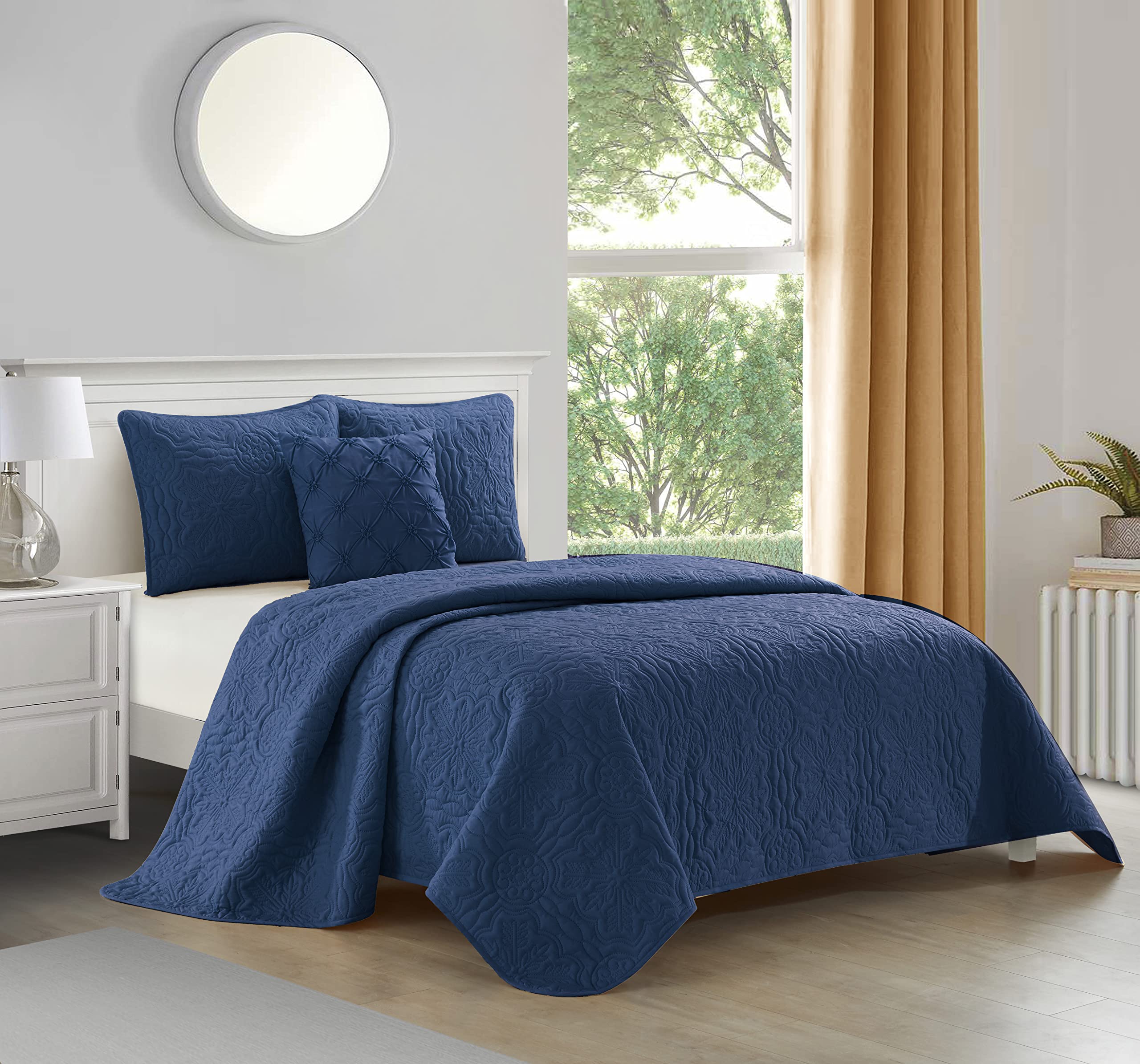 Stratford Park All Season Navy Quilt Set King Size - Ultra Soft Bedspread with 2 Pillow Shams & Floral Decorative Pillow | Luxury Bedding for Master Bedroom, Guest Room & Hotel Decor