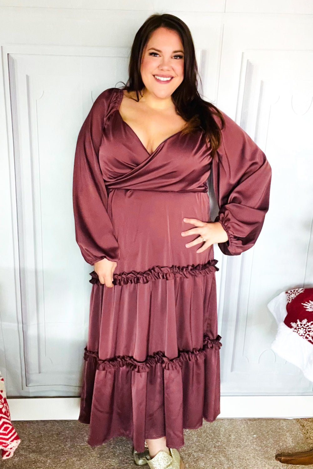 Holiday Vibes Wine Satin Front Overlap Smocked Back Maxi Dress for Women - Elegant Party Gown for Christmas, New Year & Special Occasions