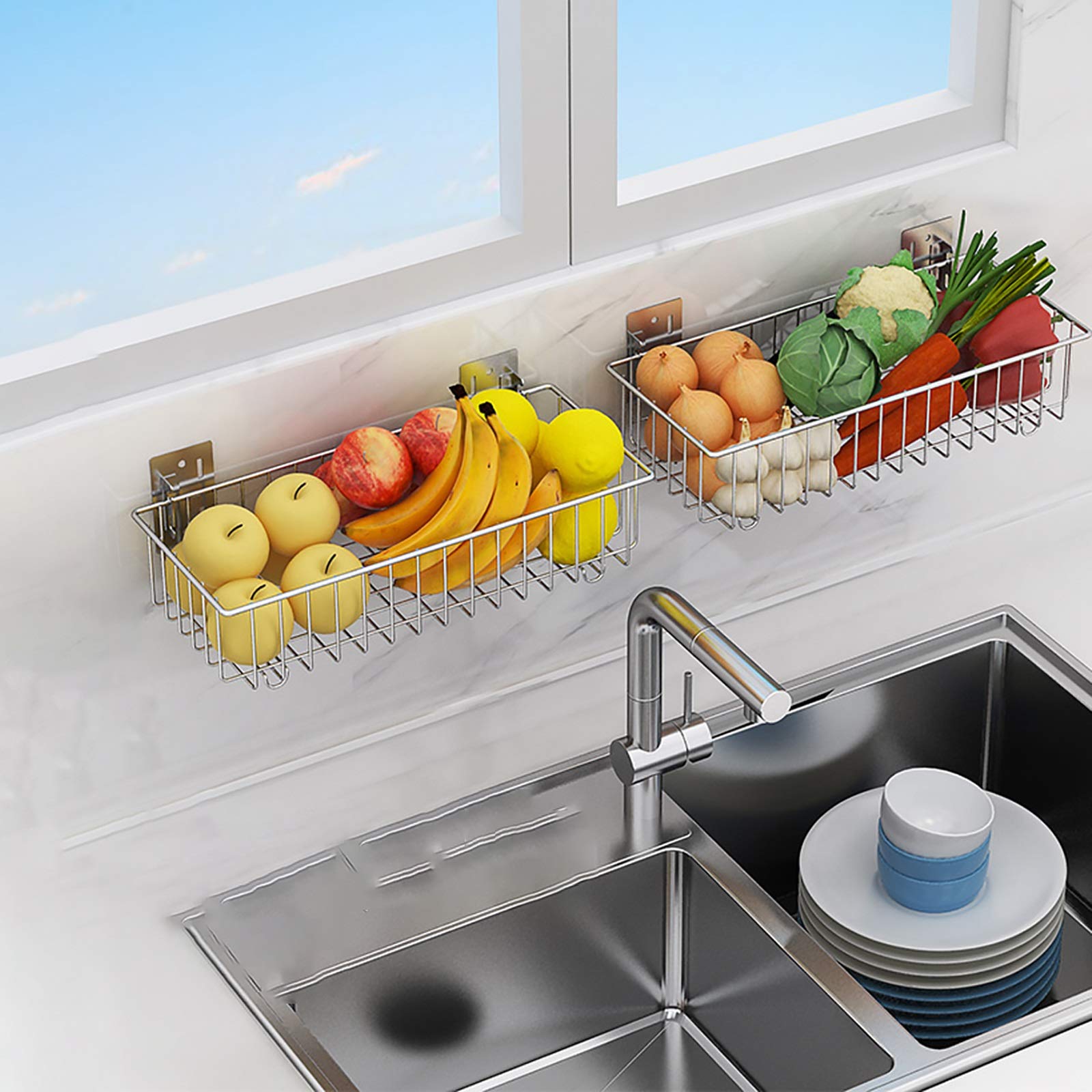 Stainless Steel Wall Mounted Wire Baskets for Kitchen Storage - 2 Pack Hanging Fruit & Vegetable Organizer - 304 Grade Rustproof Silver Metal Baskets - Perfect for Small Space Kitchen, Pantry, Bathroom, or Garage Organization