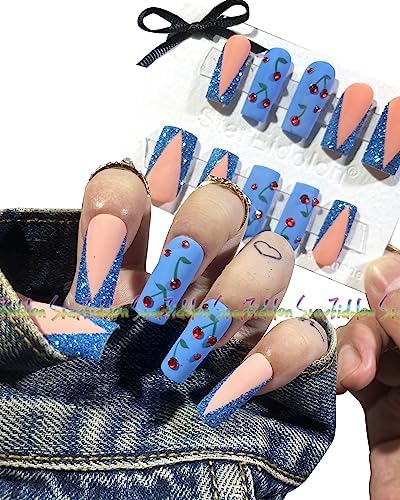 Hand-Painted Blue Square Press-On Nails - Short French Tips & Coffin Fake Nails Kit with Glue | Salon Quality Handmade Medium Press-On Nails for Women | Unique Jelly Nail Art Set | Perfect for Parties, Weddings & Everyday Wear (Custom Style 33)