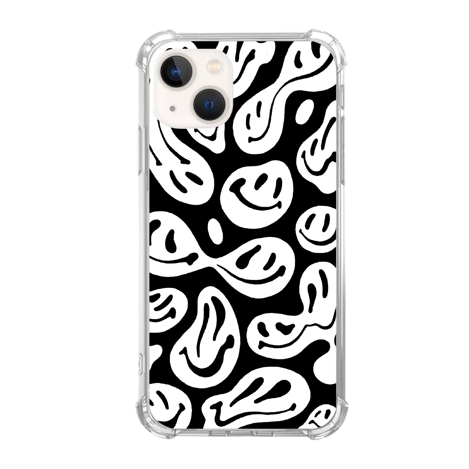 Trippy Aesthetic Black & White Smiley Face iPhone 13 Case - Trendy Melting Design TPU Bumper Cover for Women, Men, Girls & Boys - Perfect for Daily Use, Parties & Unique Fashion Statements