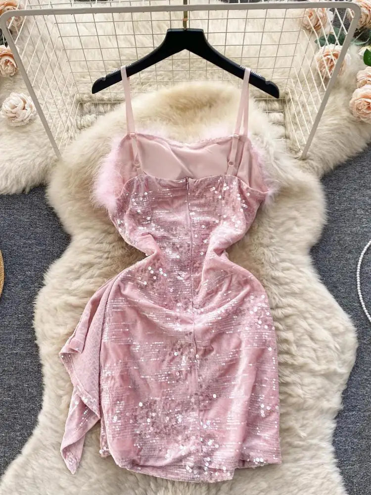 Sexy Beige Sequins Furry Slip Dress for Women - Off Shoulder Backless Mini Dress for Club, Party & Birthday - Fashion Slim Fit Autumn Dress (Also Available in Black & Pink) - Perfect for Night Out, Date Night and Special Occasions