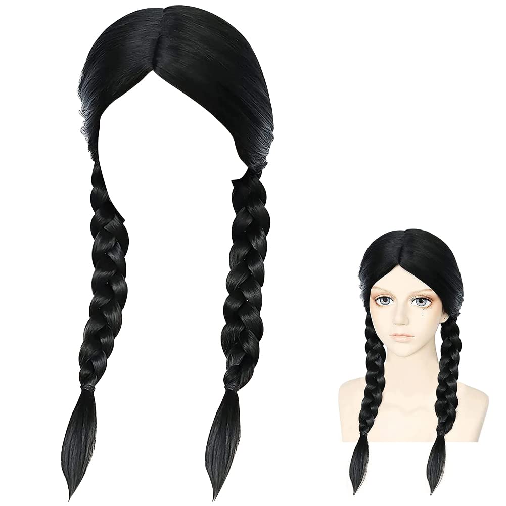 BSNRDX Wednesday Addams Black Braided Wig - Double Black Plait Cosplay Wig for Women | Perfect for Gothic Halloween, Spooky Family Costume Parties & Wednesday Addams Dress Up Accessories