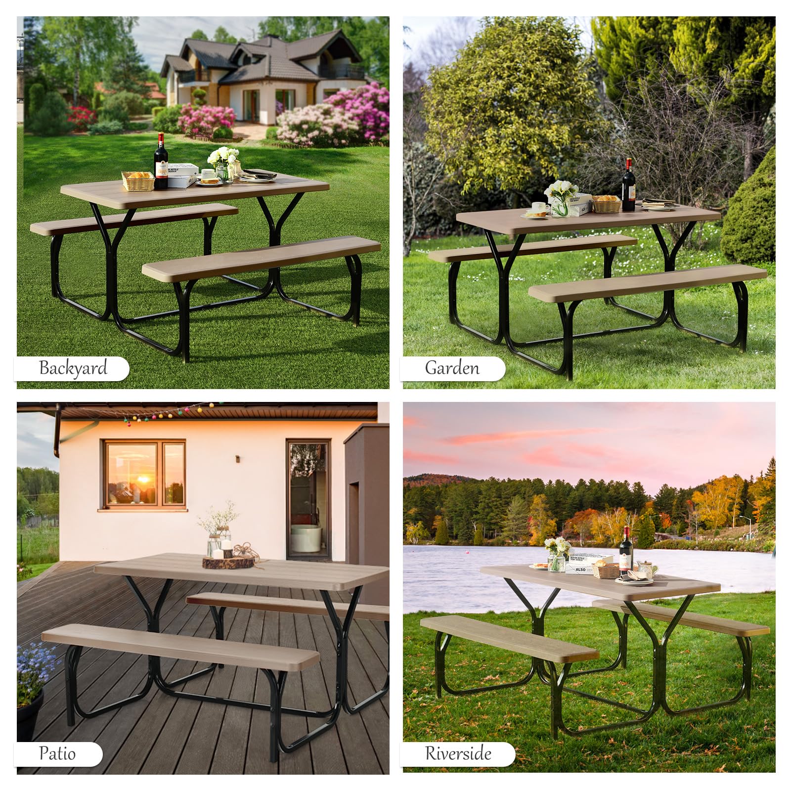 Giantex 7-Piece Outdoor Picnic Table Bench Set - All-Weather Metal Base with Wood-Like Texture - Perfect for Backyard, Poolside, Camping, Garden Parties & Patio Dining - Heavy-Duty Lawn & Deck Furniture for Adults & Families