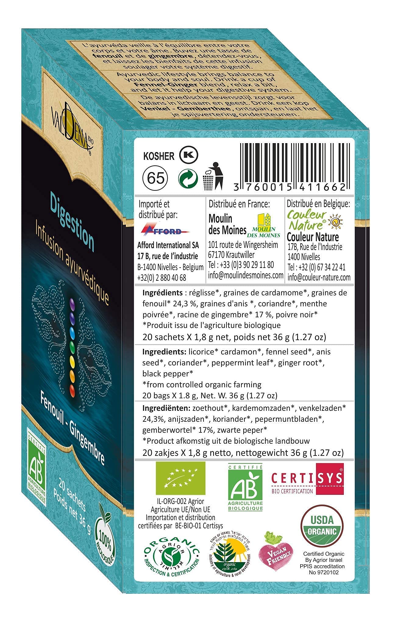 VALDENA BIO Ayurvedic Herbal Tea - Fennel Ginger Tea for Digestion & Immunity | Organic Detox Tea for Bloating Relief & Wellness | Perfect Morning or After-Meal Drink