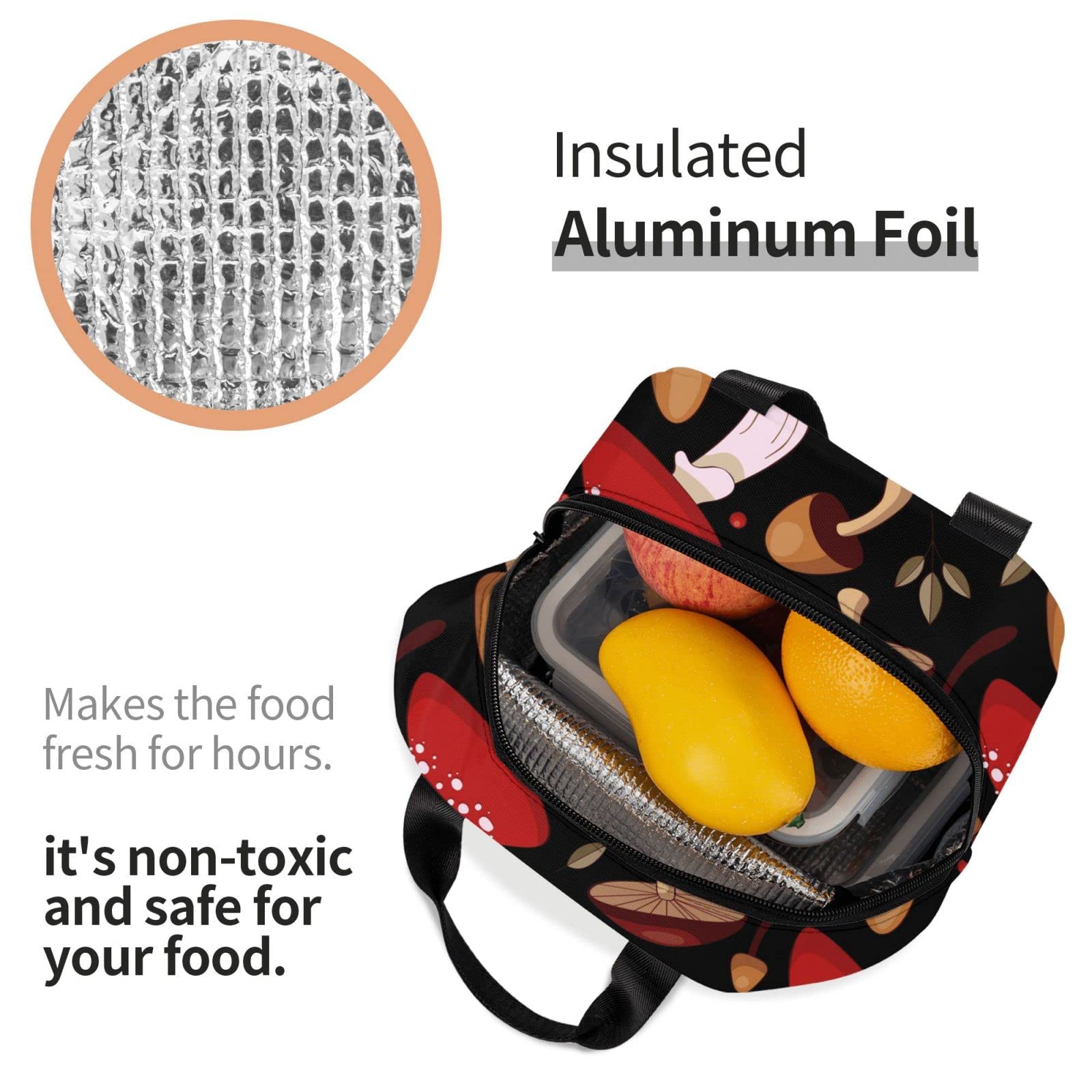 Insulated Lunch Bag with Cute Mushroom Print - Reusable & Leak-Proof Meal Container for Work, School, Travel & Picnic | Portable Tote for Men & Women | BPA-Free Food Storage