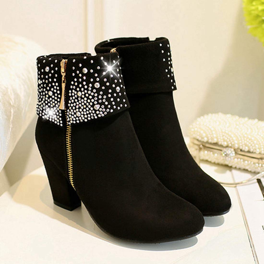 VOKLIN Women's Chunky Block Heel Ankle Boots - Round Toe Suede Booties with Rhinestone Details & Side Zipper - Perfect for Party, Office & Night Out (Black, Size 7)