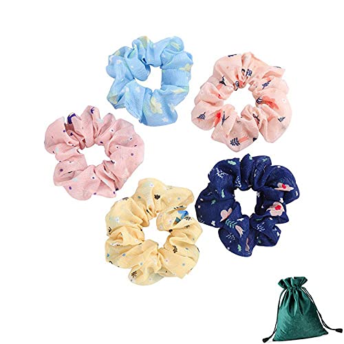 5 Pcs Floral Print Hair Scrunchies for Women - Soft Elastic Hair Ties & Ponytail Holders - Trendy Hair Bands for Workout, Office & Everyday Use
