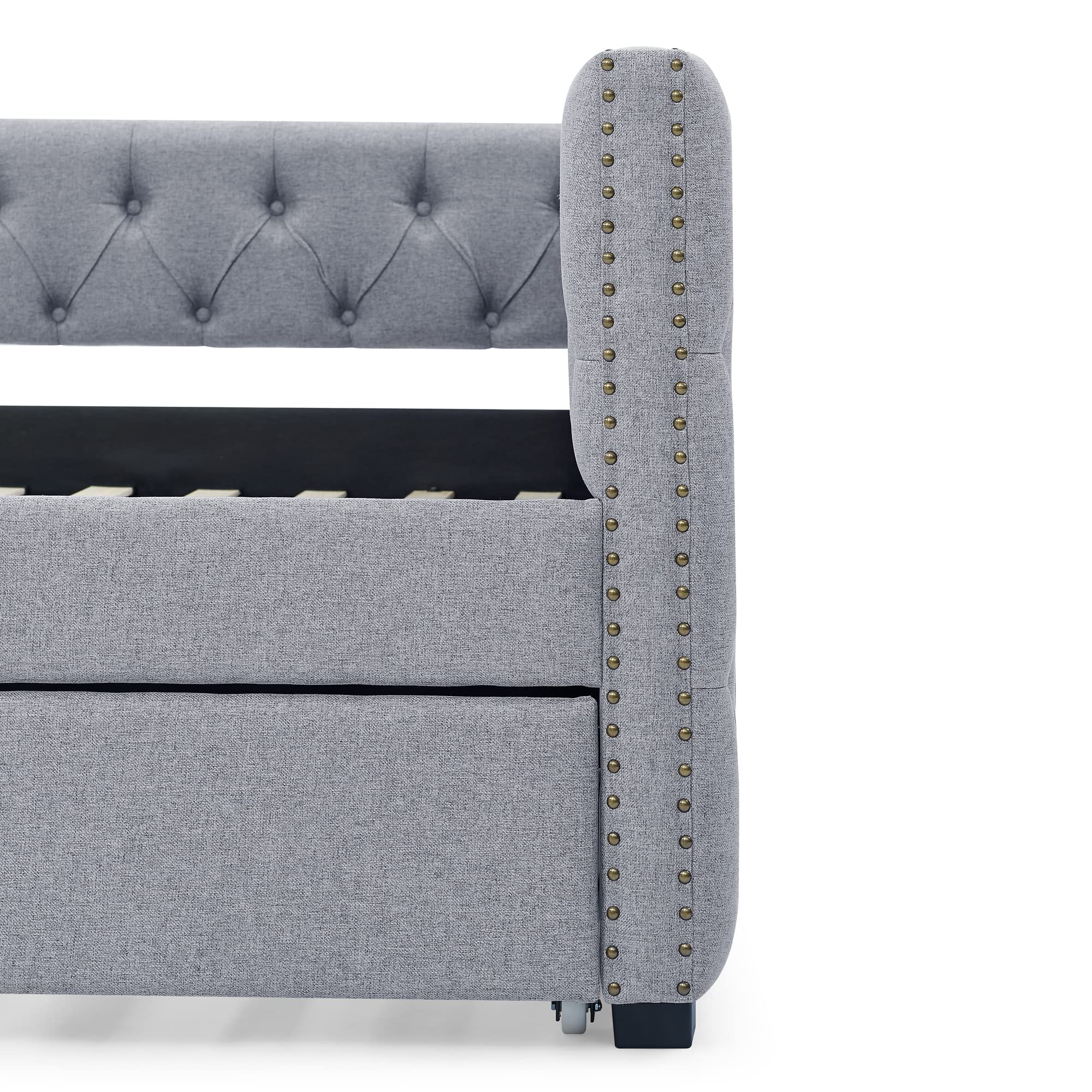 Upholstered Full Size Daybed with Twin Trundle - Button Tufted Sofa Bed with Copper Nail Accents & Wood Slat Support - Grey - Perfect for Guest Rooms, Small Spaces & Multi-Functional Living Areas