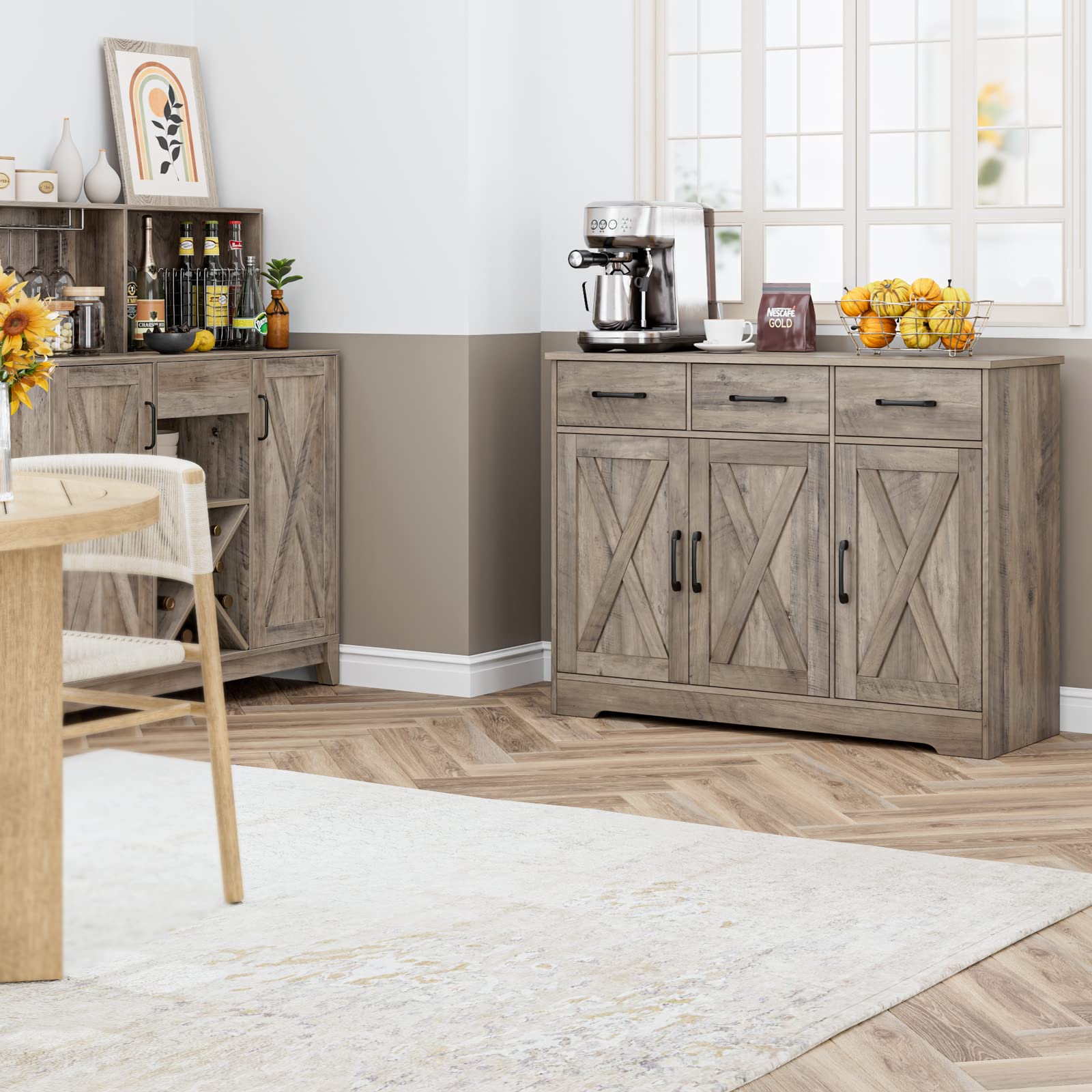 Modern Farmhouse Buffet Sideboard Cabinet with Barn Doors - Wood Storage Cabinet with Drawers & Shelves for Dining Room, Kitchen, Living Room - Ash Grey Coffee Bar Organizer for Home Decor & Entertaining
