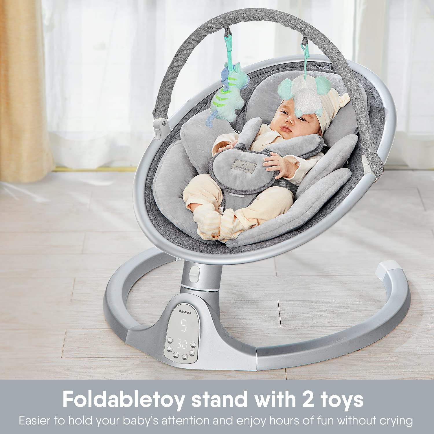 BabyBond Bluetooth Baby Swing for Infants - 10 Preset Lullabies, 5-Speed Adjustable Rocking, 5-Point Safety Harness & Remote Control - Portable Infant Swing for Nursery, Travel, Indoor & Outdoor Use (Aluminum Frame)