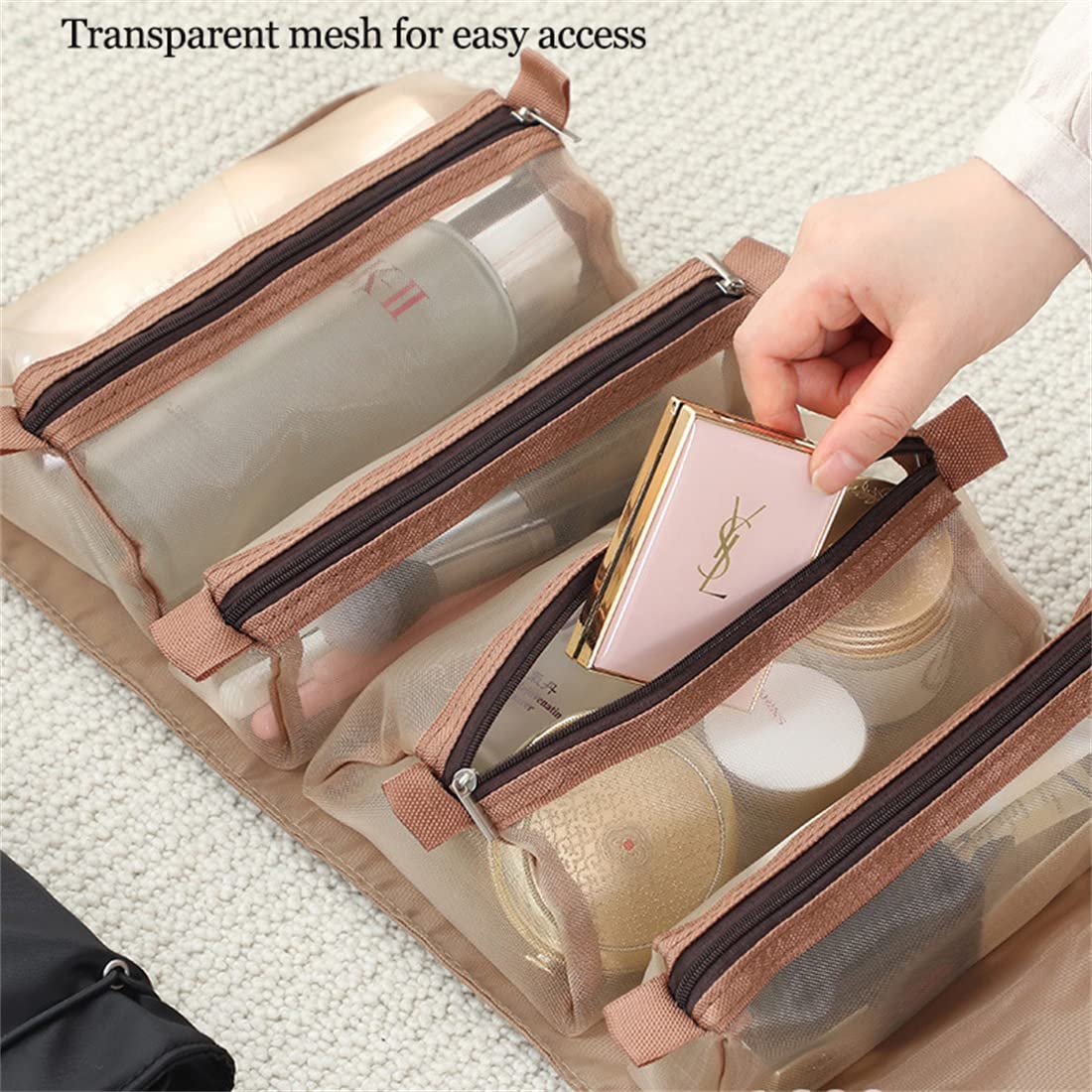 Large Waterproof Hanging Makeup Bag - Foldable Travel Cosmetic Organizer with Detachable Compartments for Toiletries (Brown) | Perfect for Travel, Gym, and Daily Organization