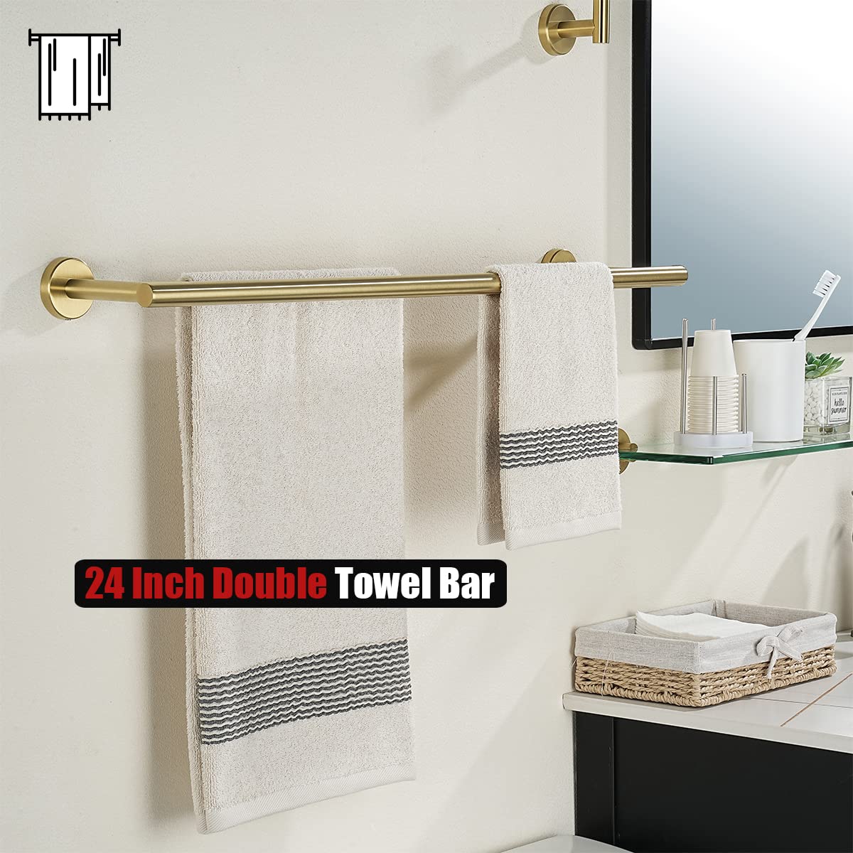 24 Inch Brass Gold Bath Towel Rack - JQK Double Towel Bar for Bathroom, 304 Stainless Steel Thickened 0.8mm Wall Mount Towel Holder in Brushed Gold (27.16 Inch Total Length, Model TB100L24-BG) - Perfect for Spa, Hotel, and Home Bathroom Decor