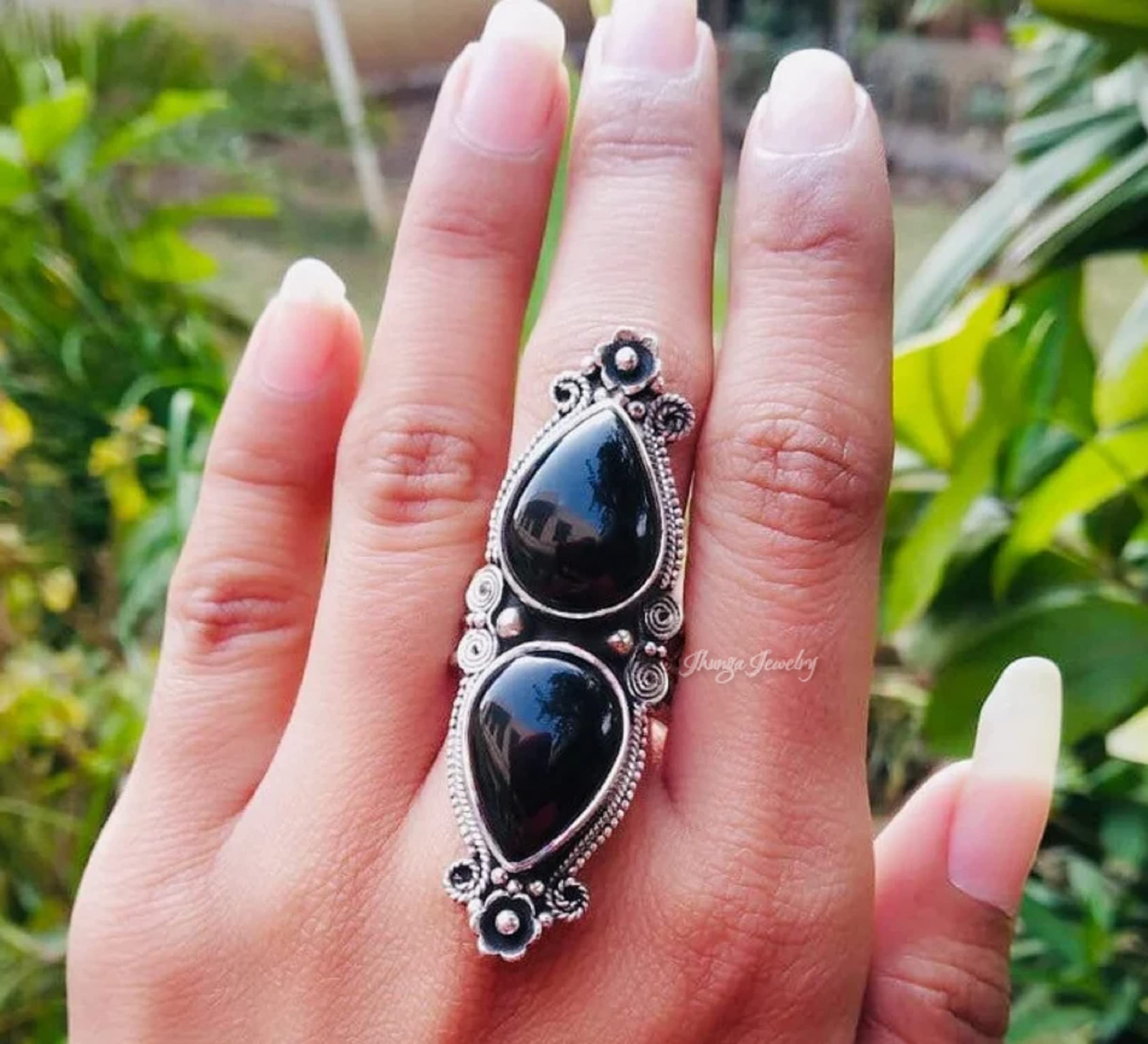 Black Onyx Ring - 925 Sterling Silver Handmade Boho Statement Ring | Artisan Designer Wedding Promise Ring | Vintage Pear Shape Onyx Silver Jewelry for Women - Perfect for Boho Chic, Evening Wear & Special Occasions