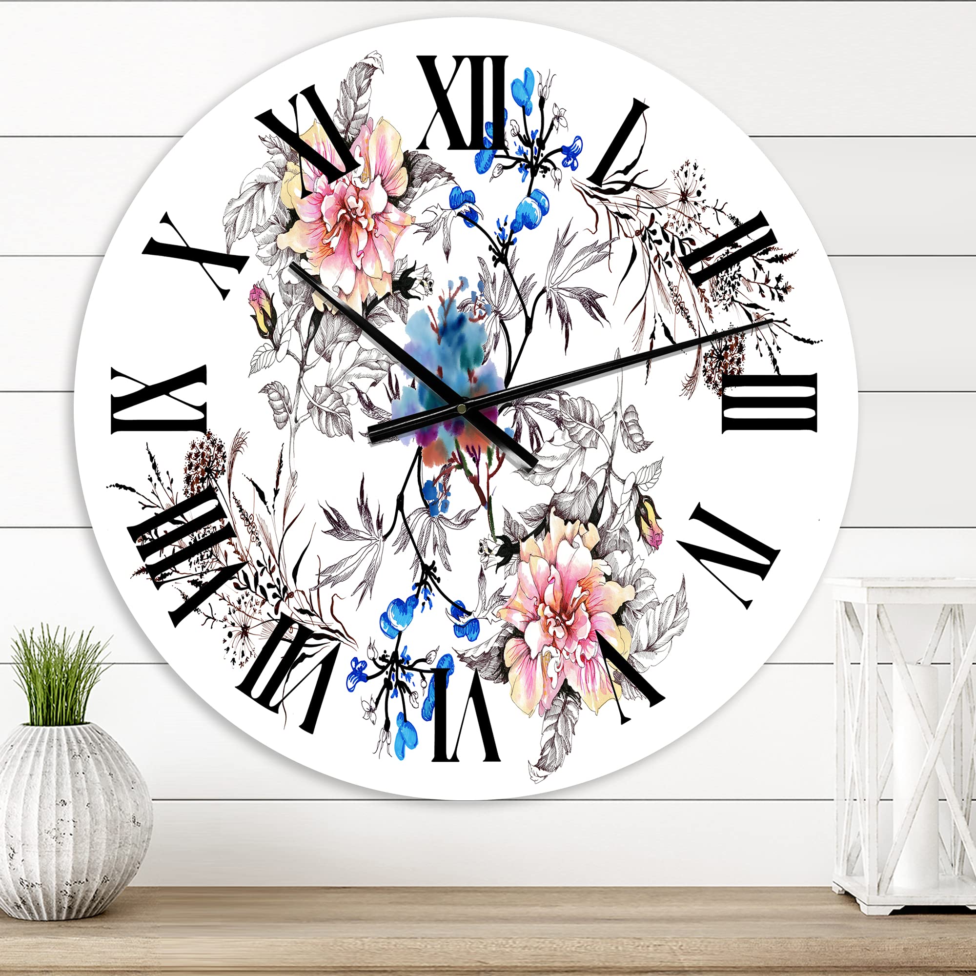 Blue and Pink Wildflowers Large Wall Clock - Traditional Floral & Botanical Decor for Living Room, Bedroom, Office | Silent Non-Ticking Home Decor