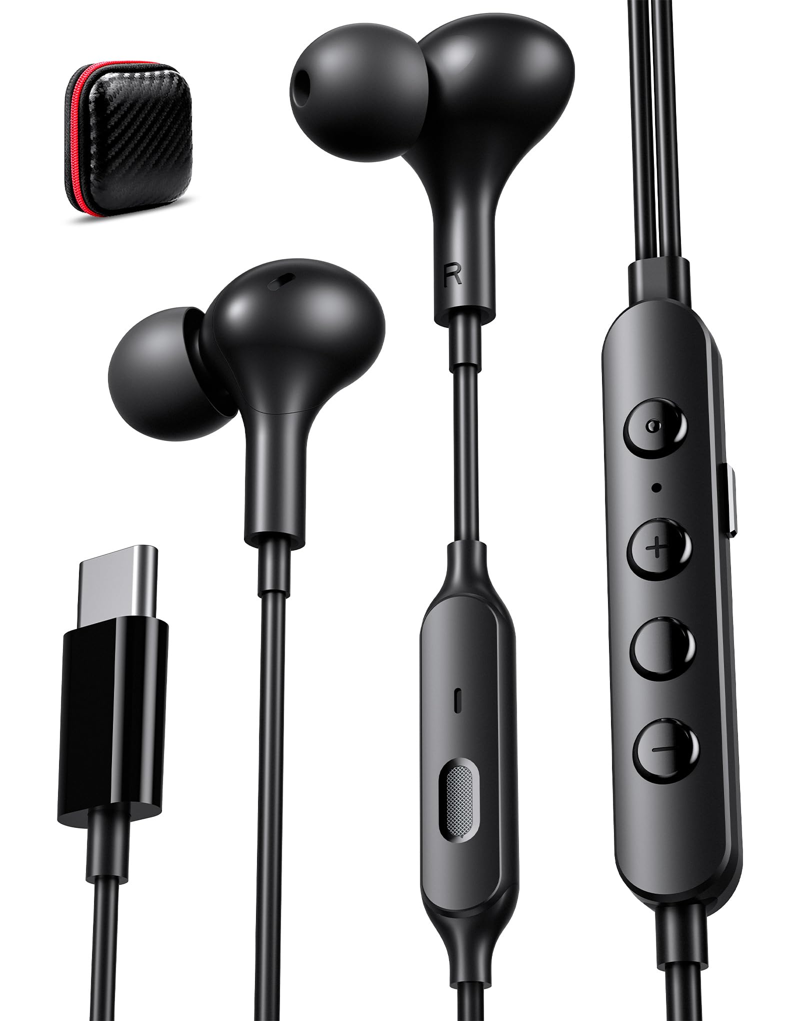 Premium USB-C Wired Earbuds with 5 Sound Modes, Stereo Bass & Noise Cancellation - In-Ear Headphones with Mic for iPhone 16 Pro Max/15, Samsung S25/S24/S23 (Black) - Perfect for Commuting, Gaming & Work Calls
