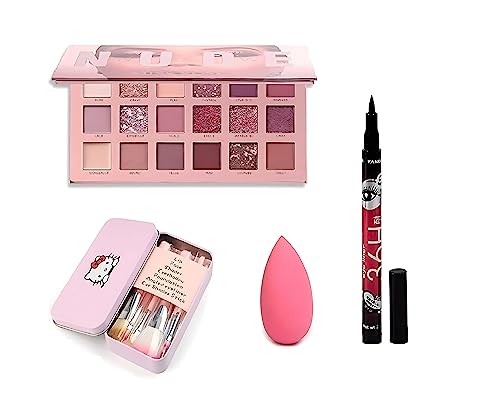 SHRIRAYS Nude Shade Makeup Kit with 7-Piece Pink Makeup Brushes, Blender Puff & Waterproof Eyeliner - Perfect for Everyday Makeup, Professional Looks & Travel Beauty Essentials